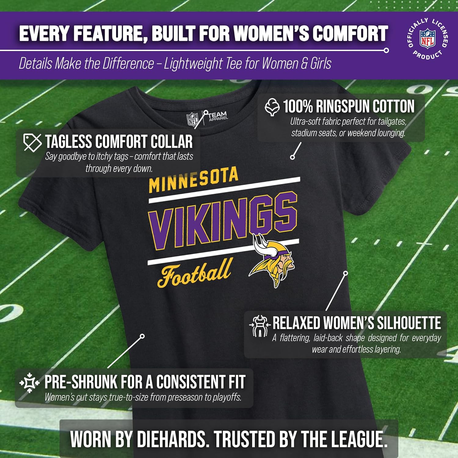 Team Fan Apparel NFL Gameday Women's Relaxed Fit T-Shirt - Rib Neck Contour - Tagless Short Sleeve Tee - Stay Cool & Stylish (Minnesota Vikings - Black, Large) - Image 3