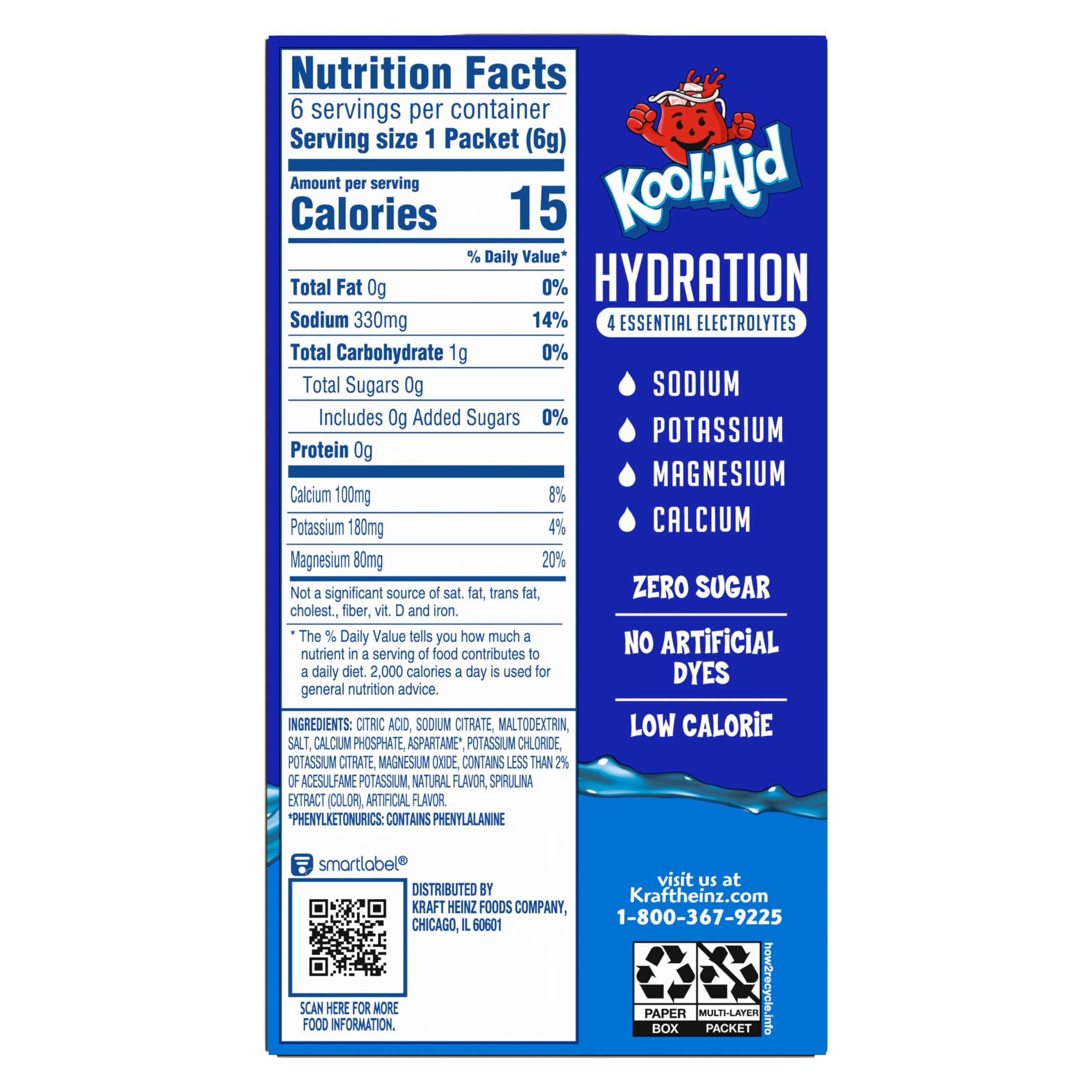 Kool-Aid Hydration Blue Raspberry Lemonade Artificially Flavored Drink Mix, 6 ct On-the-Go-Packets, 1.32 oz Box