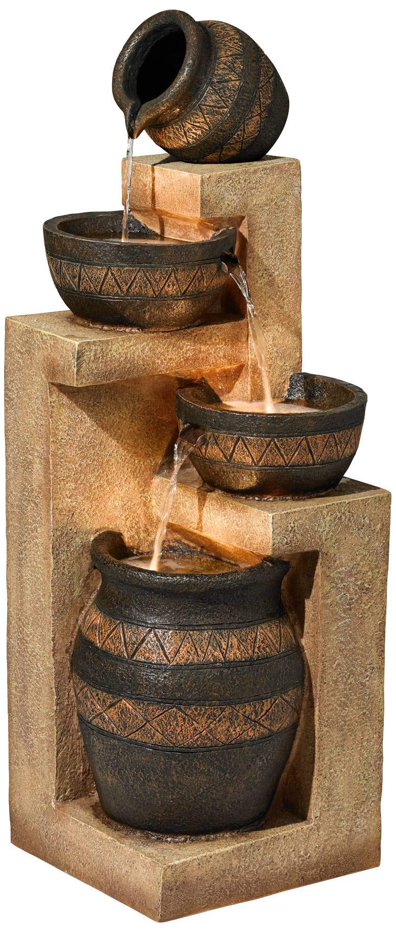 Cascading Bowl and Jug 46" High Large Rustic Indoor Outdoor Decor Faux Stone Floor Fountain with Light LED Standing Waterfall Water Feature for Outside Garden Patio Yard Backyard - John Timberland