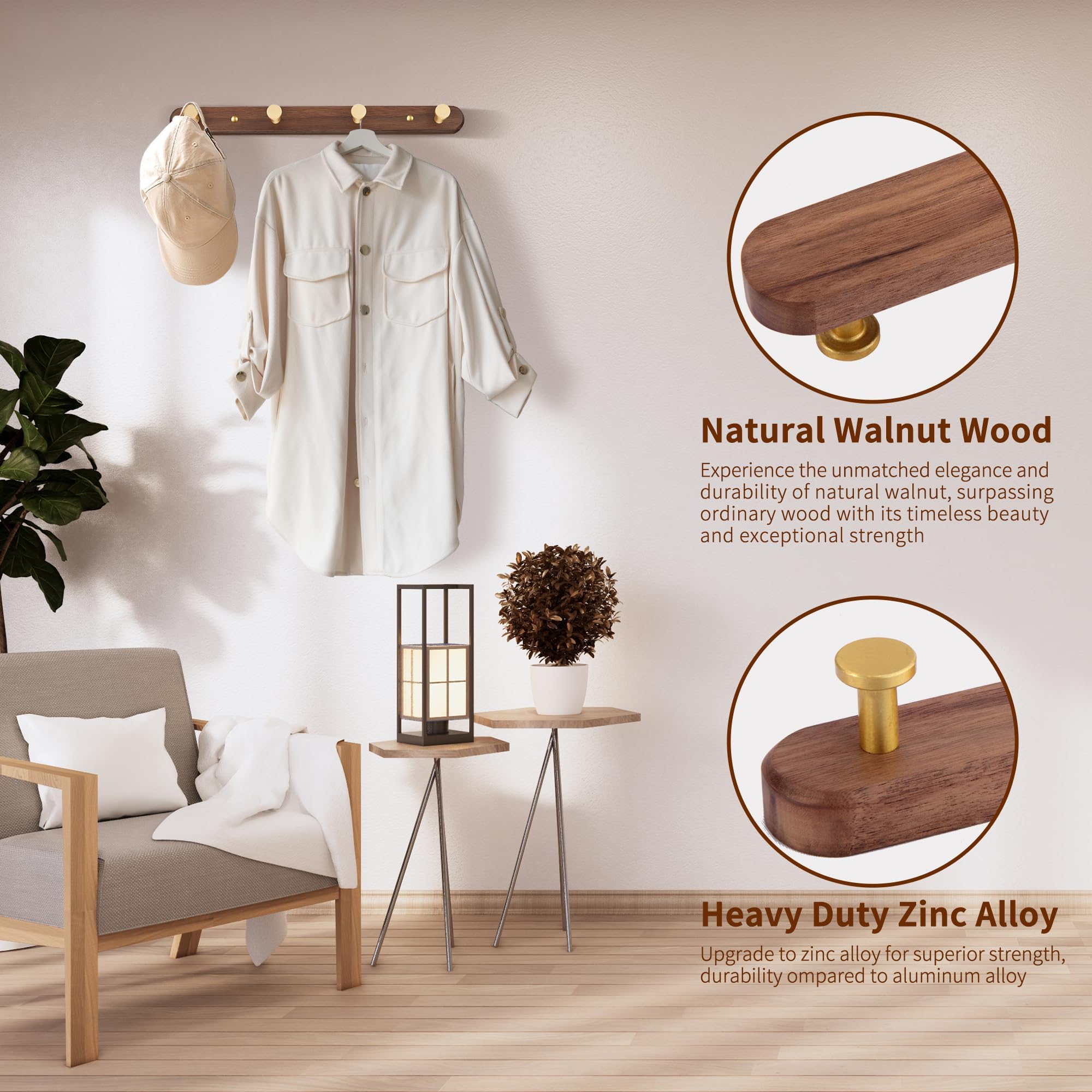 4 Haken Wandgarderobe mit Gold Zinklegierung Garderobenhaken Walnuss Holzsockel für Badezimmer Küche Garderobenbügel Rundhaken 4 Haken