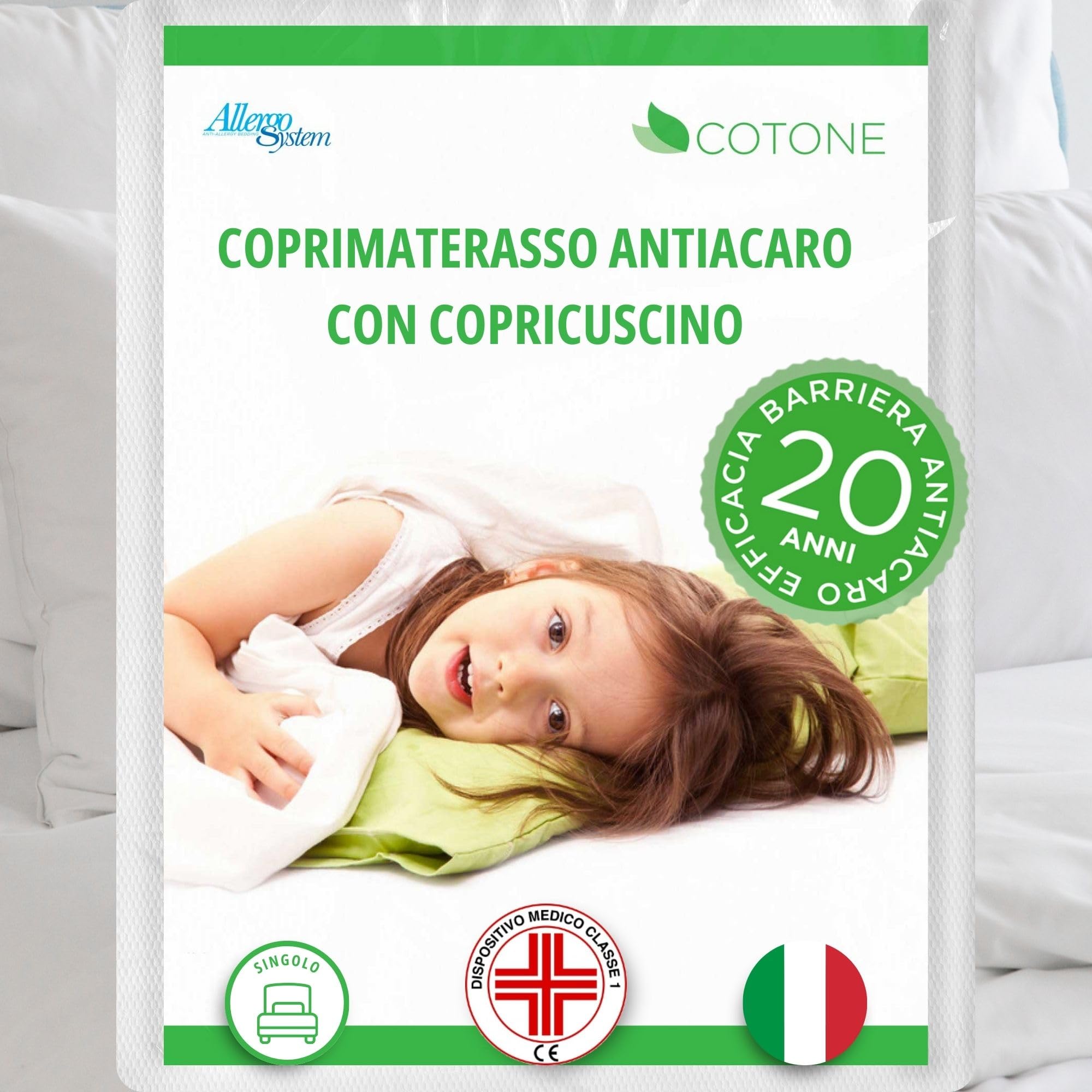 Allergosystem Set Coprimaterasso Antiacaro Singolo Cotone con Cerniera 90x200cm e Copriscuscino Letto 50x80cm - Dispositivo Medico Antiacaro e Anallergico MADE IN ITALY - Linea Cotone | Copriscuscino 50x80cm, Dispositivo Medico, Anallergico, Made in Italy