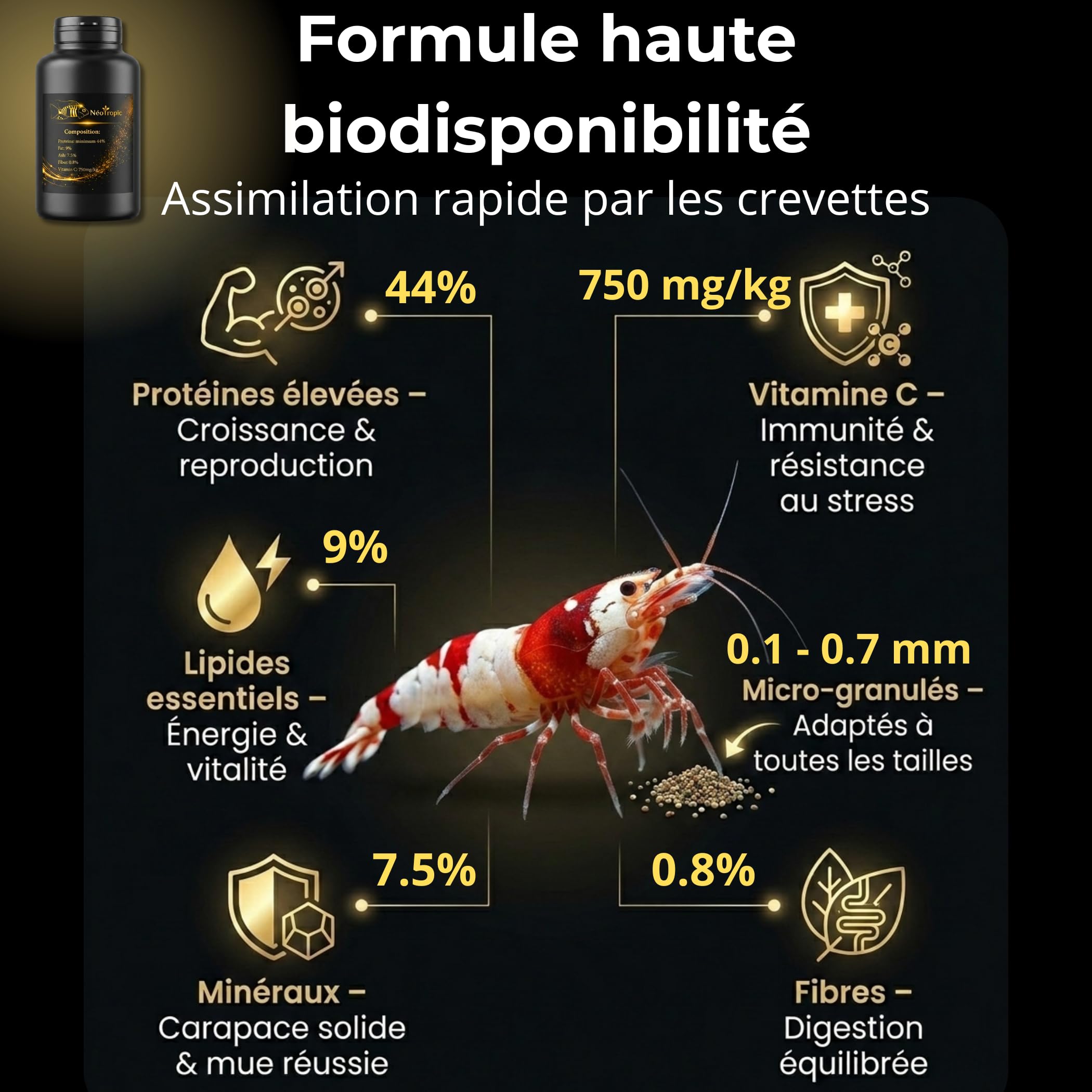 NEOTROPIC Pure Shrimp Pro Formula - Nourriture Crevettes Aquarium - Formule Aquaculture Française - Croissance Reproduction & Couleurs Intenses - Micro-granulés (60g)