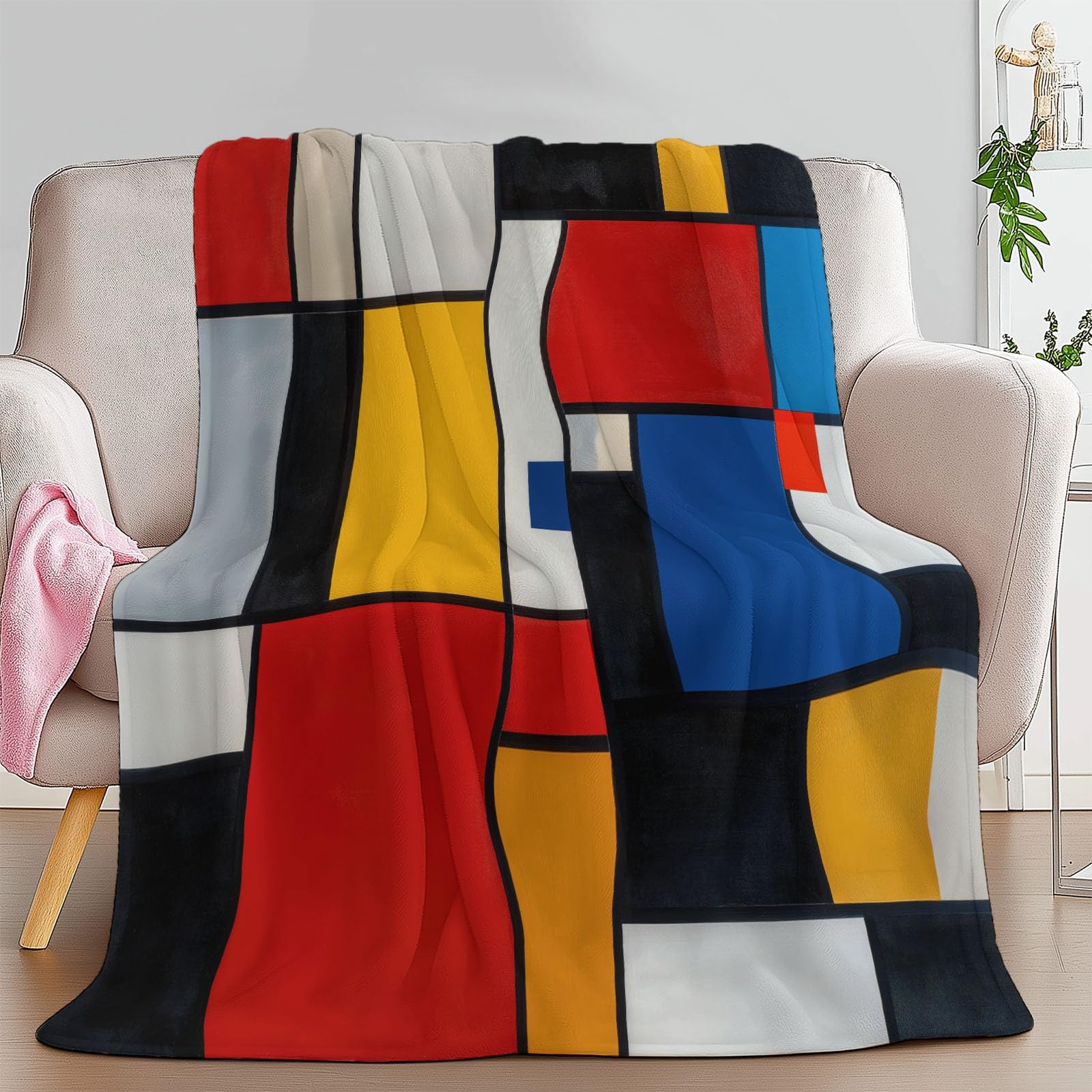 Koc w kratę miękki polarowy abstrakcyjny geometryczny sześcian 180 x 220 cm koc z polaru Sherpa Super ciepły zimowy, narzuta na łóżko, flanelowa narzuta na sofę, pomysł na prezent na Boże Narodzenie