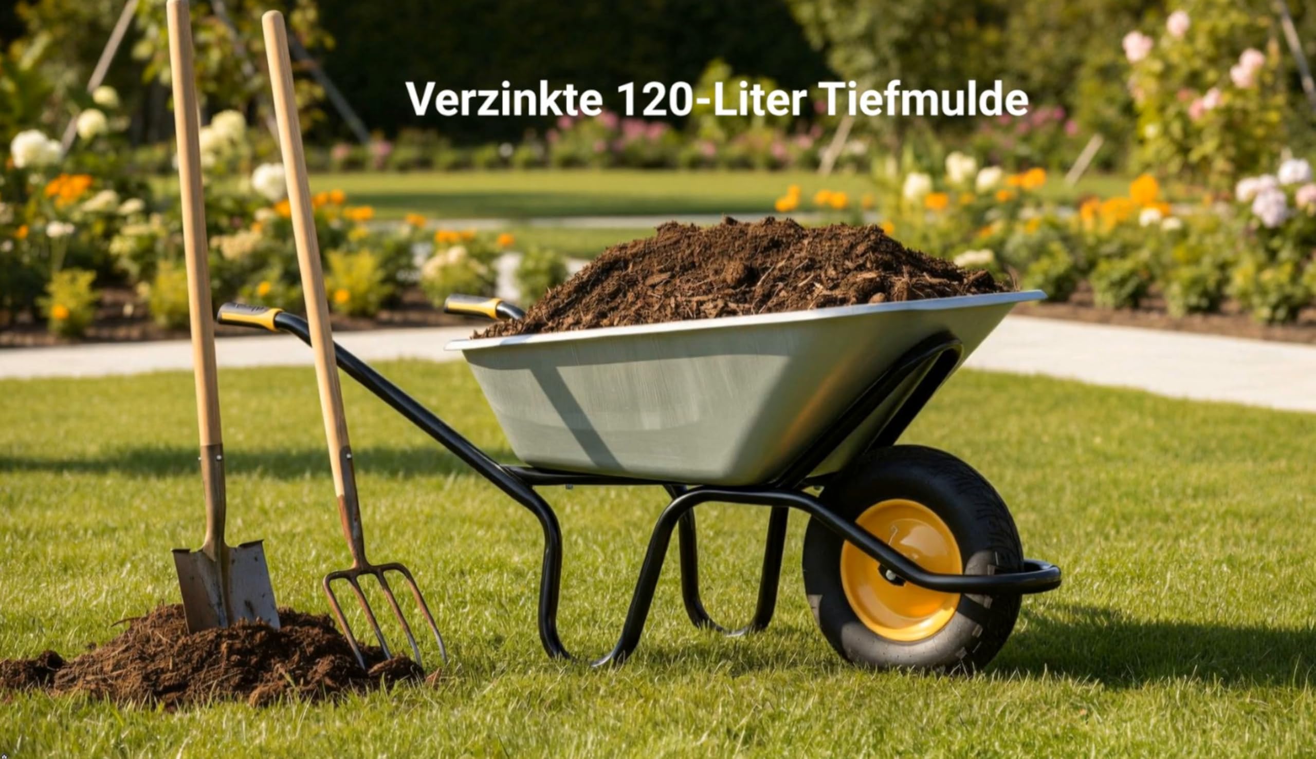 HAEMMERLIN BAU Plus 120 Profi Schubkarre 120L, verzinkt, 250kg Tragkraft, Bauschubkarre, kugelgelagertes Luftrad Ø 400 mm, Alpha-Stahlgestell, ergonomische Softgriffe