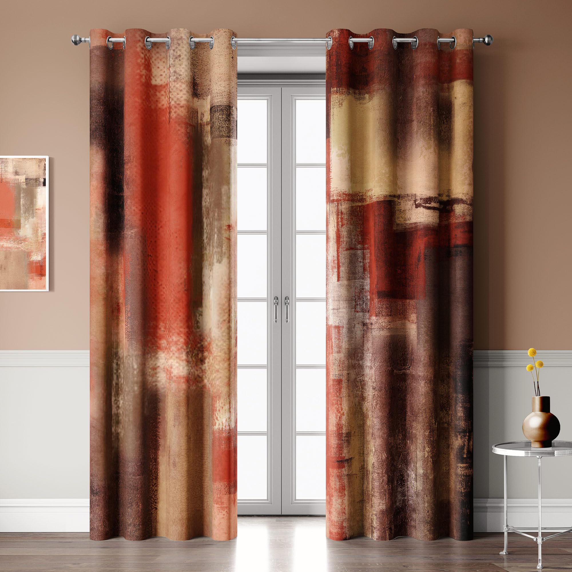 Emwnodti Burnt Orange Blackout Curtains, Abstract Brown Black Modern Window Drapes 2 Panels for Bedroom Living Room, Grommet Top Room Darkening