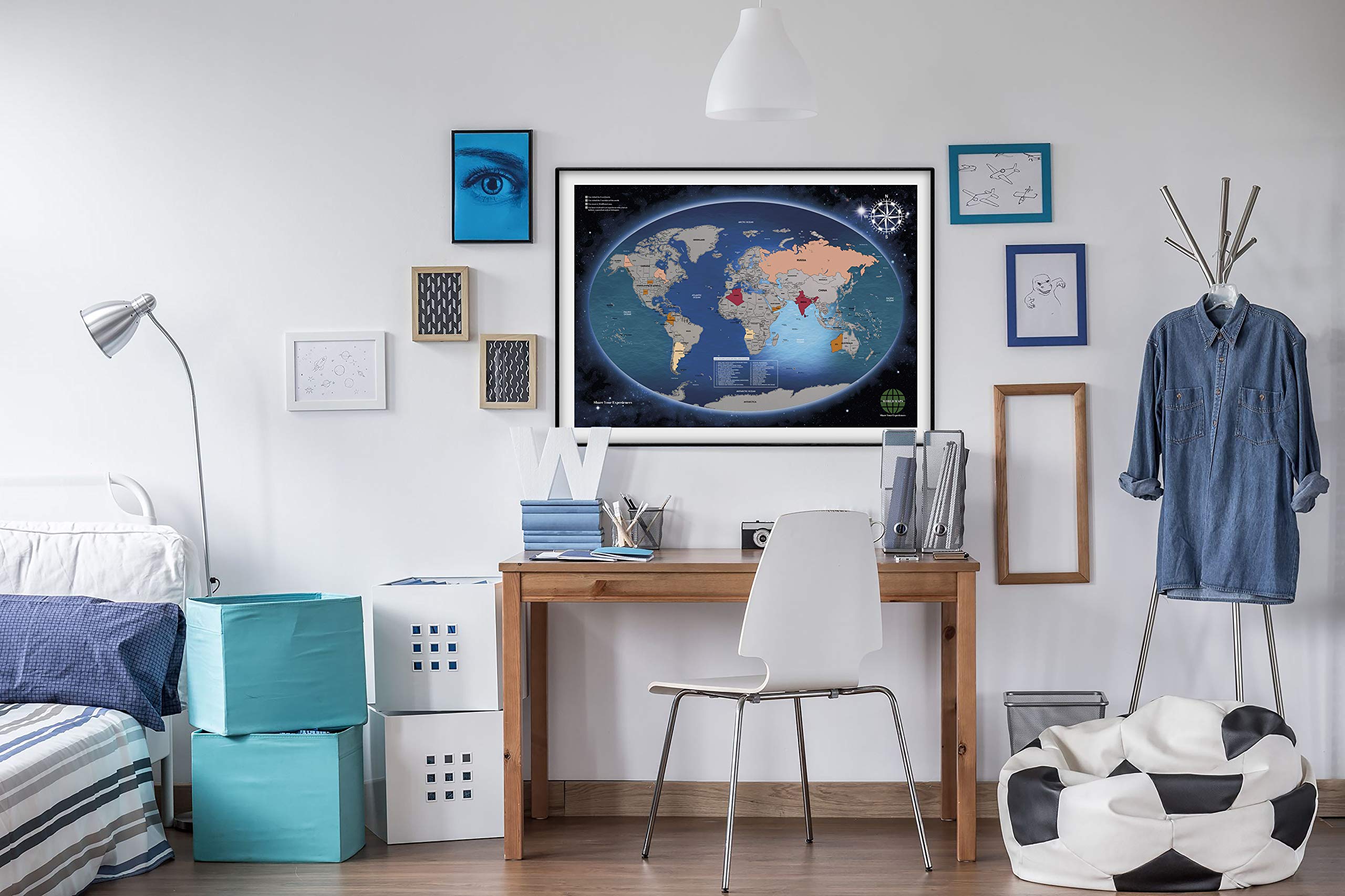 Mapa Mundi Rascar Grande Con Marco Incluido Para La Pared. Producto Español. Diseño Deluxe. Rasca Las Ciudades A Las Que Viajes.
