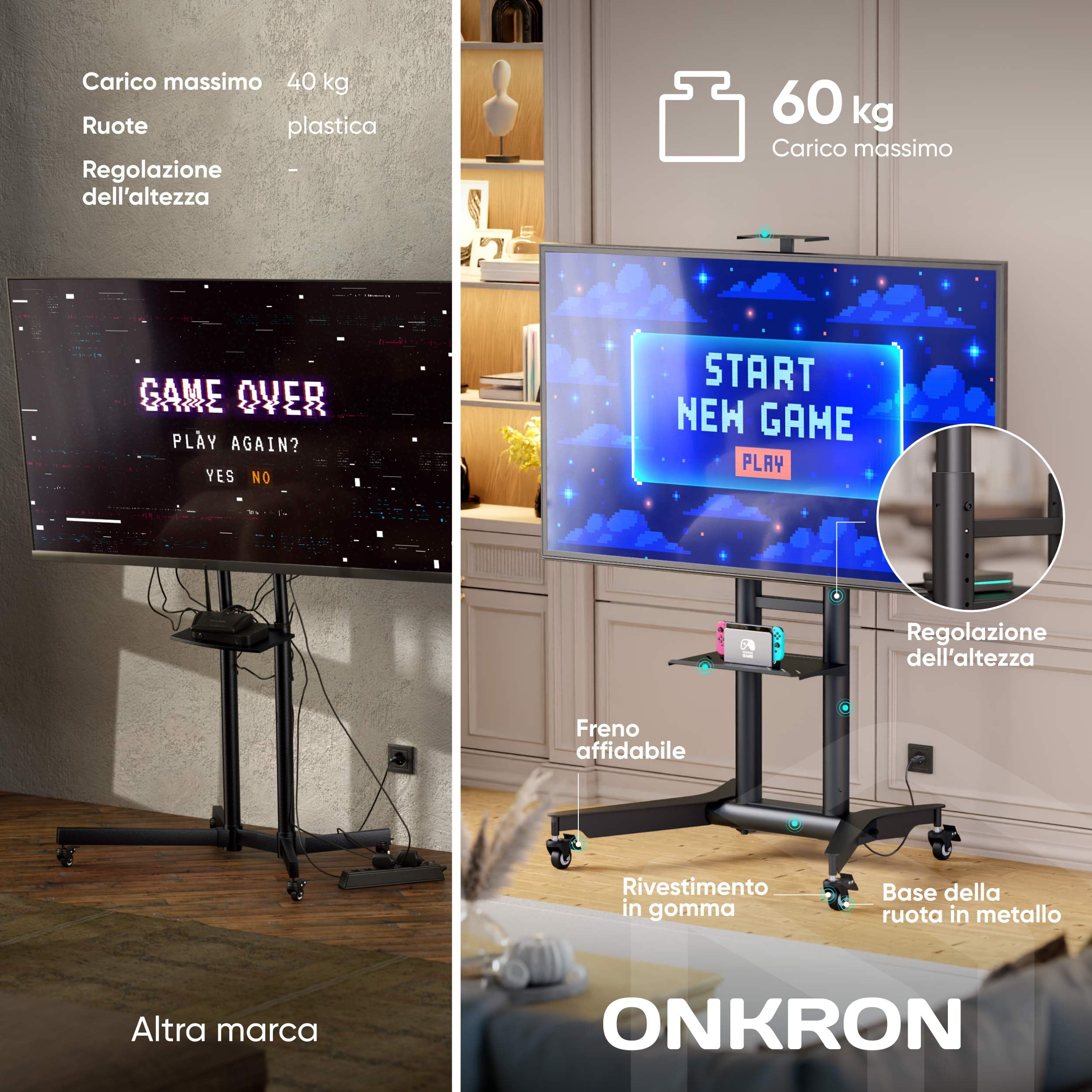 ONKRON Supporto TV con Ruote 32"-75", 50 kg, max VESA 600x400, TS1571-B | Carrello per TV nero, altezza 1065-1415 mm, ripiani AV e mensola per webcam, ruote bloccabili; per aule, eventi e riunioni