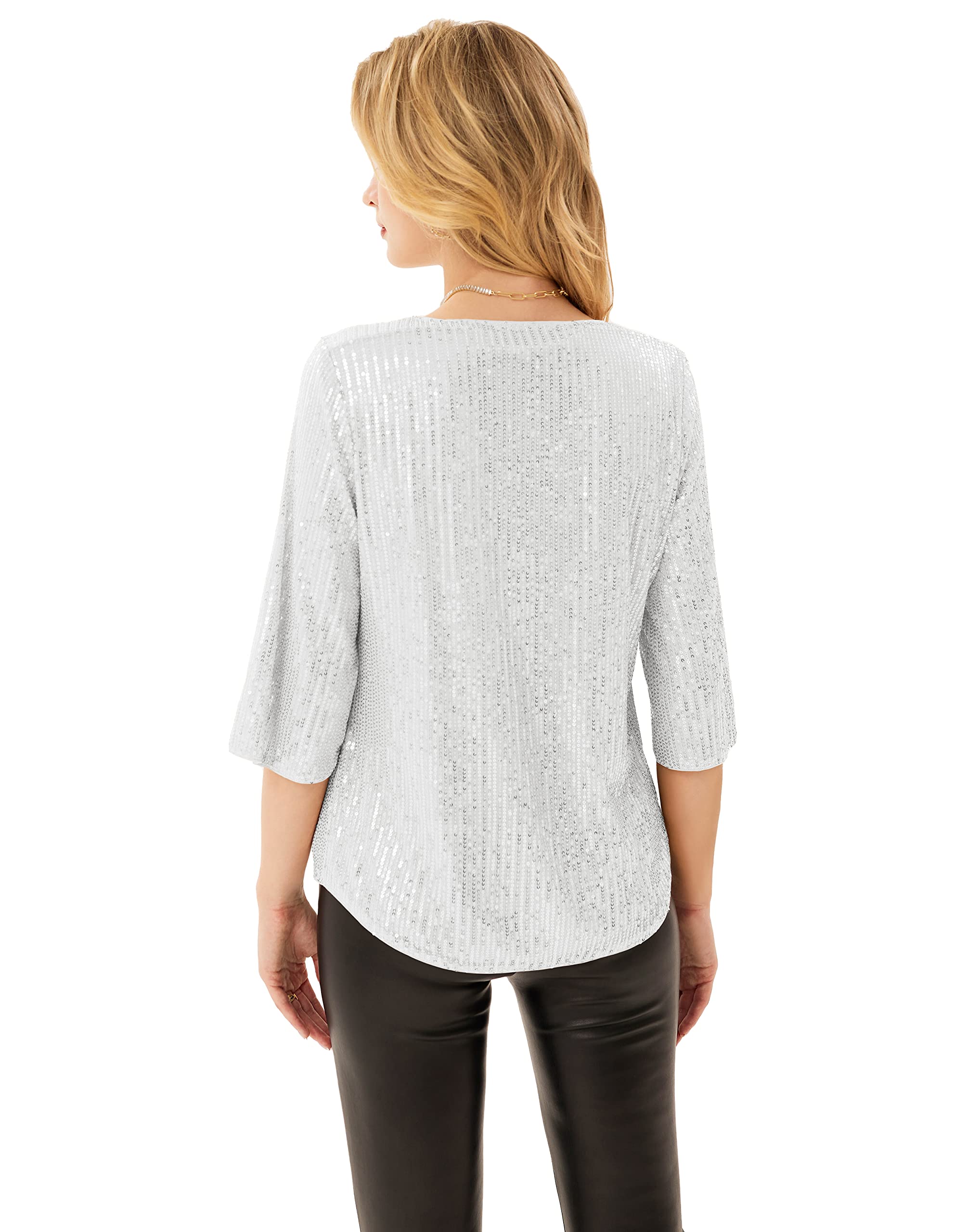GRACE KARIN Camicia Donna Paillettes a Manica a 3/4 Top Elegante Girocollo Manicotto Split