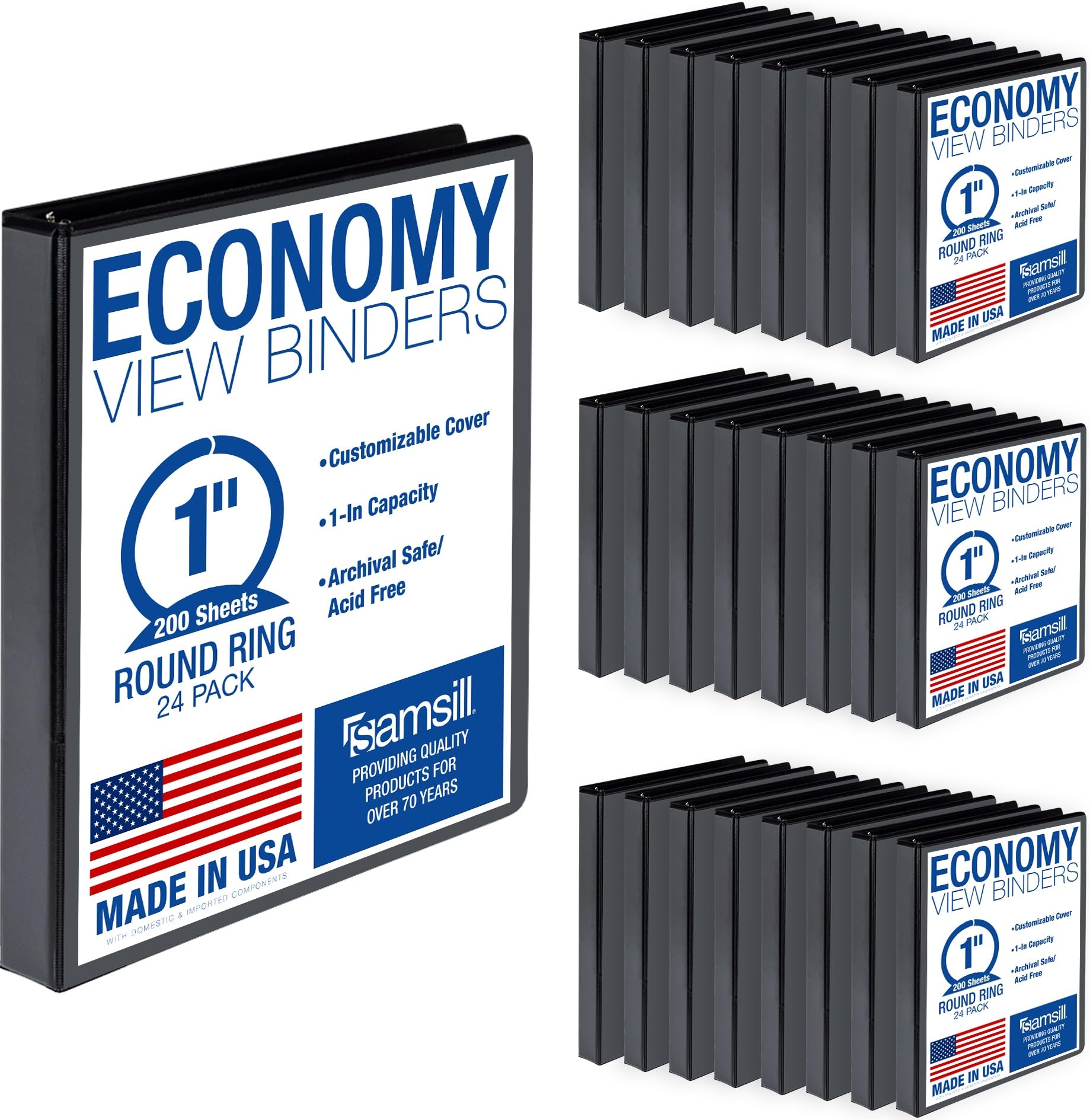 Samsill Economy 1 Inch 3 Ring Binder, Made in The USA, Round Ring Binder, Customizable Clear View Cover, Black, 24 Pack (MP248530) — image 1