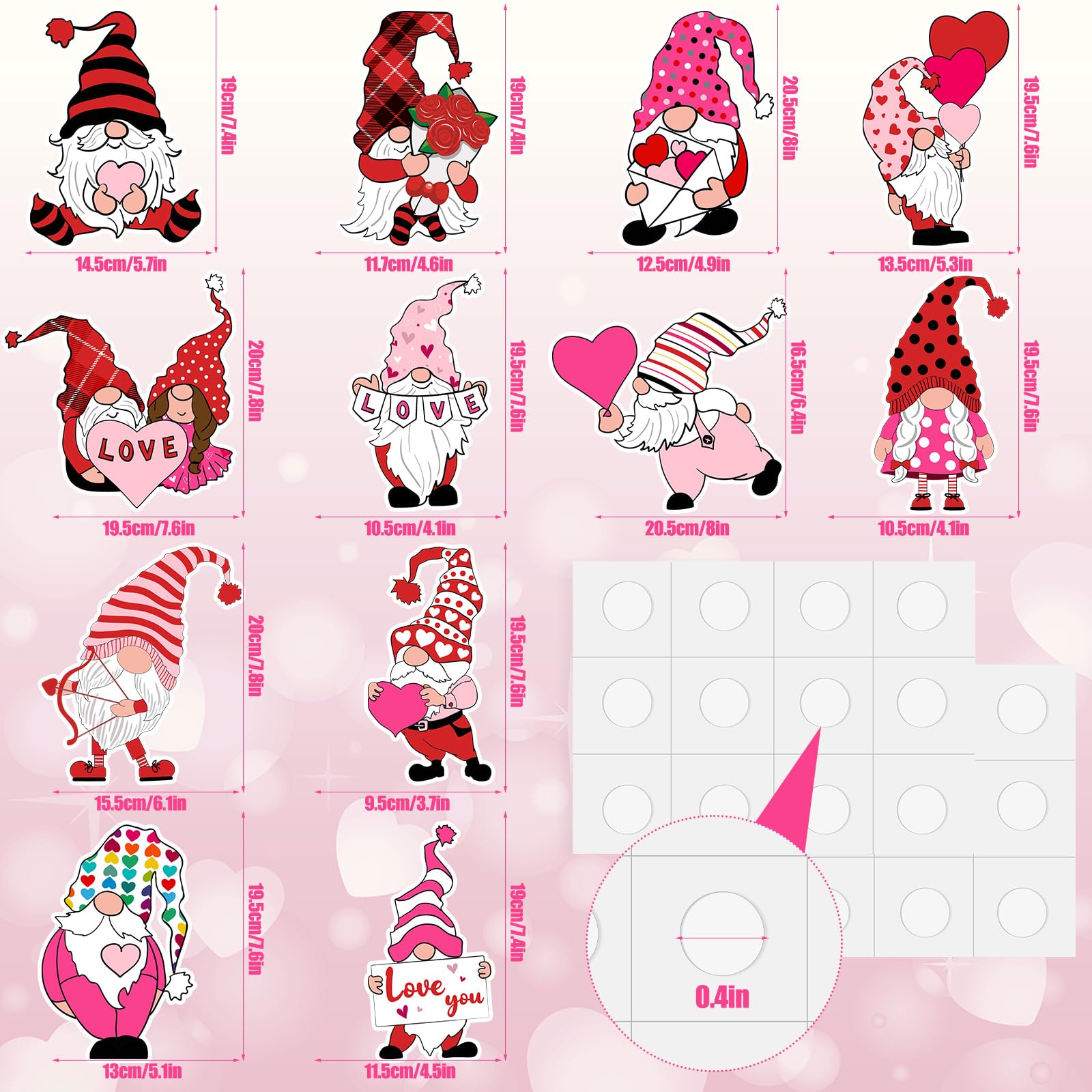 12 PCS Valentine's Day Gnome Cutouts Love Heart Gnome Cut-Outs with Glue Point Valentine's Day Theme Cutouts Couple Wedding Decoration Hearts Cutout Decor
