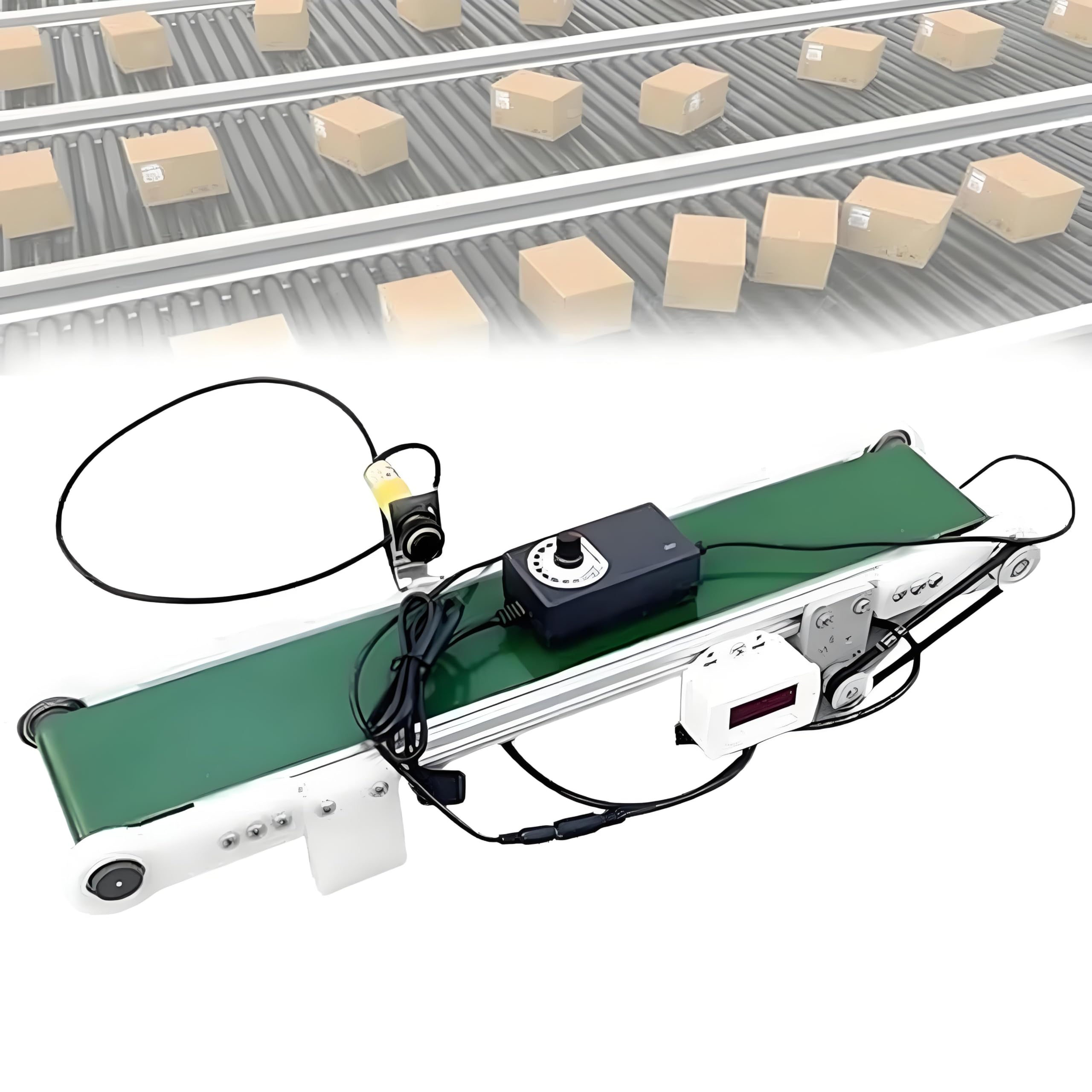 AYCDL Adjustable Electric Mini Conveyor Belt, 10x50CM, 1.8-7.6cm/s Speed, 116RPM, Counter Included, Ideal for Packaging and Production Lines