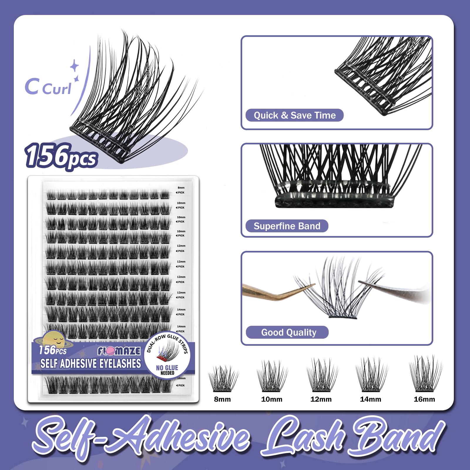 Self Adhesive Eyelashes, 156 PCS Self Adhesive Eyelash Clusters, No Glue Needed, Dual-row Glue Strips 8-16mm Mixed Individual Lash Extension Super Sticky Reusable False Lashes