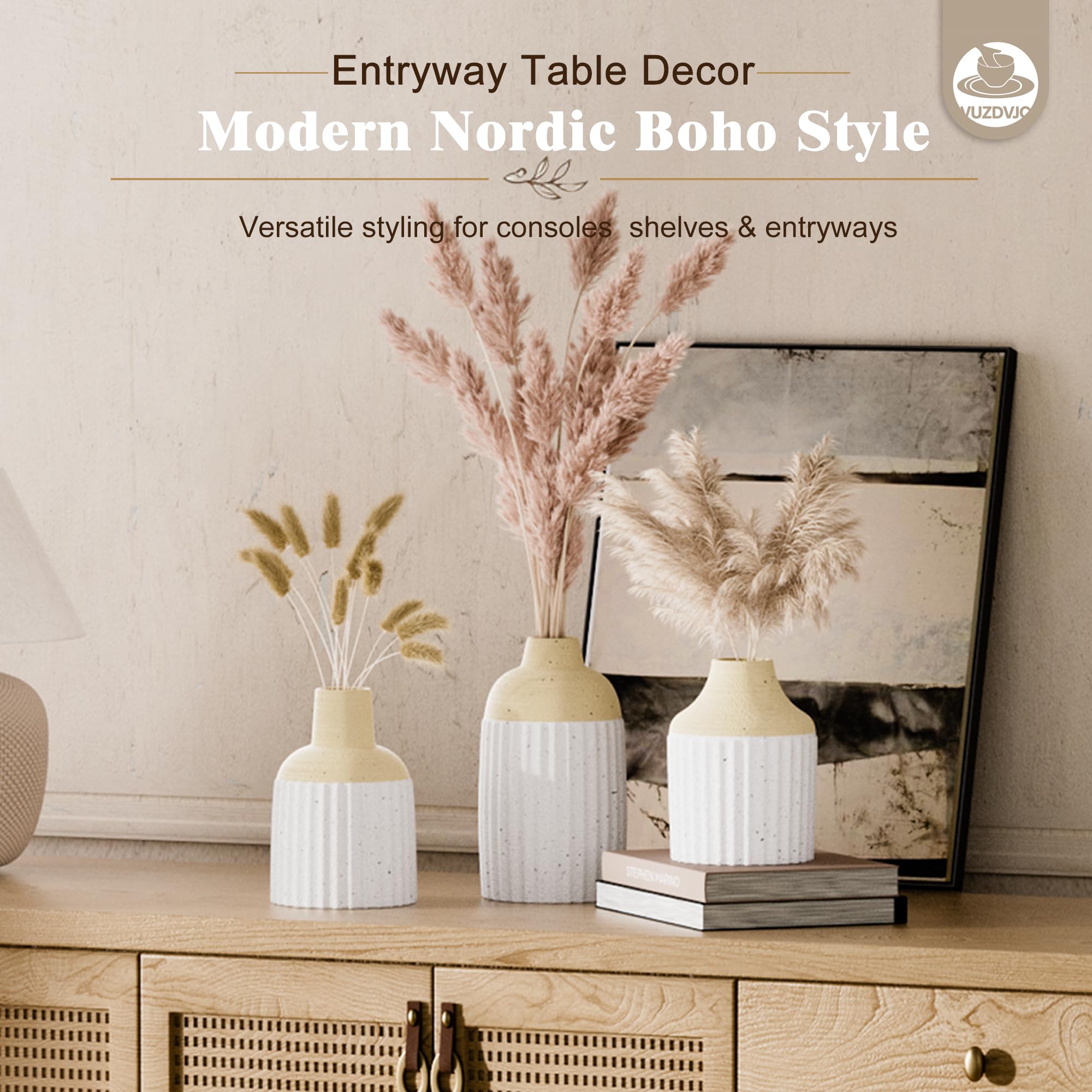 Juego de 3 jarrones de cerámica modernos y estéticos bohemios para decoración del hogar para cocina, comedor, dormitorio, oficina, sala de estar, baño y estantes, centro de mesa, decoración (beige