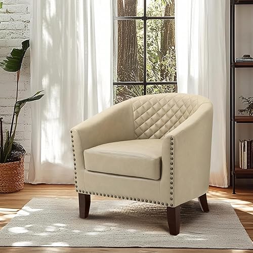 Miniatura 8 de Pia Ricco Silla decorativa de piel sintética, moderna con brazo para club, cómoda silla tapizada para sofá individual con patas de madera maciza y