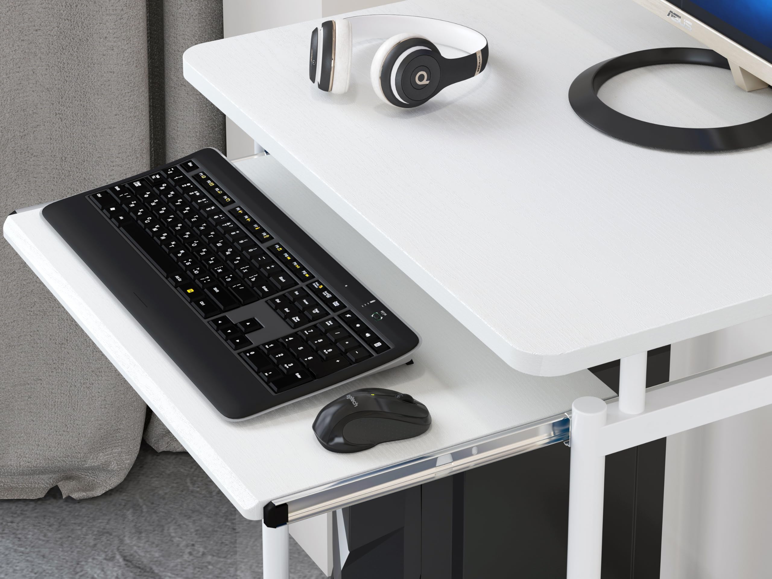 Techly 105926 Scrivania Mobile Compact per Computer Ripiano Tastiera Scorrevole Bianco Bianco