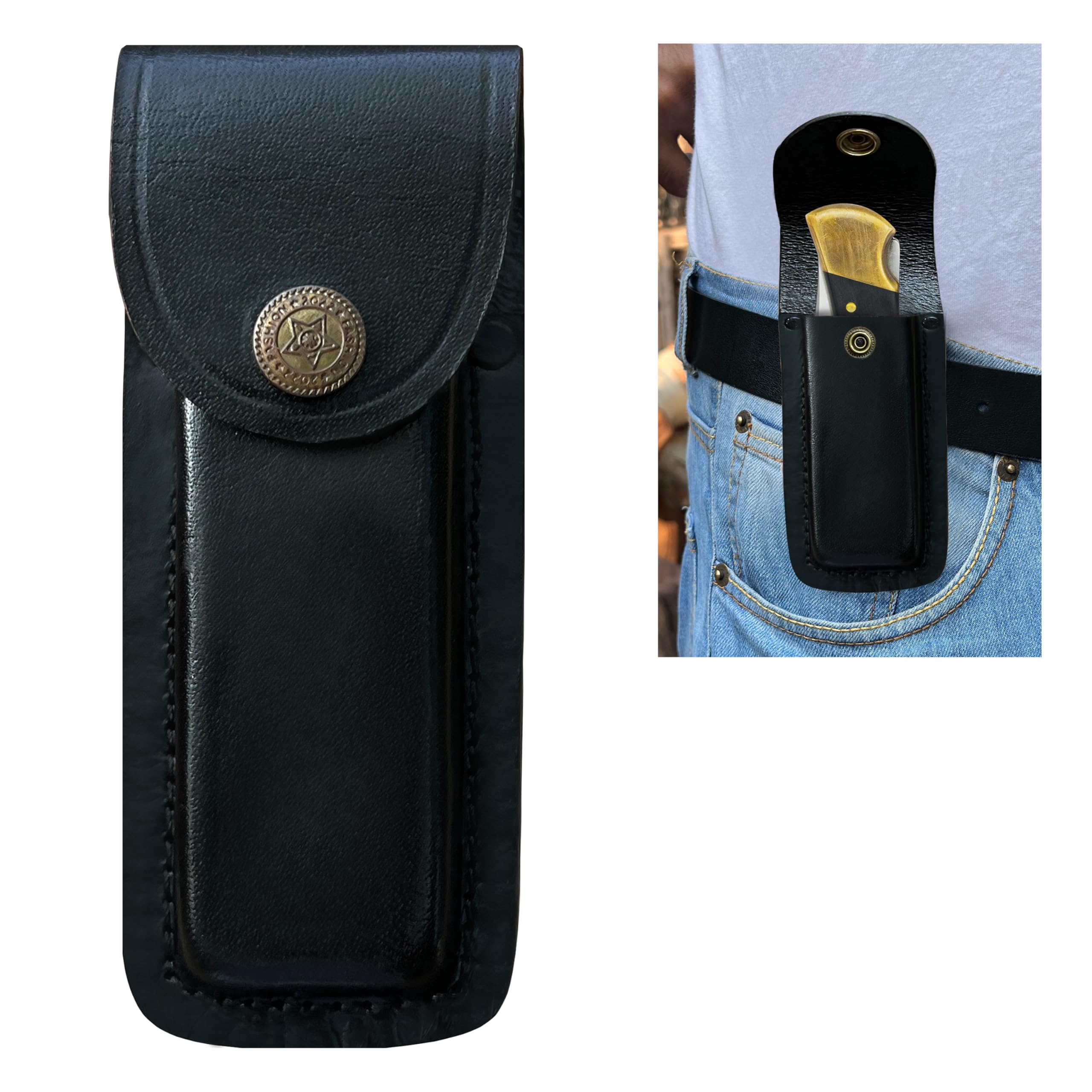 Leather Knife Sheath for Belt, Handmade 5.5” Folding Knife Holster, Compatible with Buck 110 & 112, Pocket Knife Holder, Black