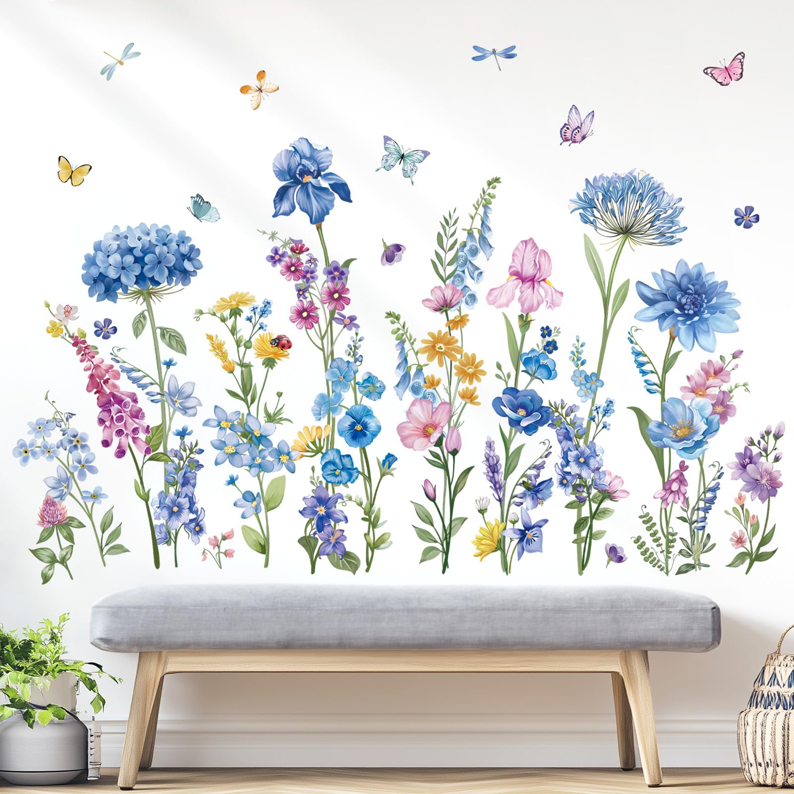 wondever Blue Spring Garden Flower Wall Stickers Wildflower Grass Floral Butterfly Peel and Stick Wall Art Decals for Living Room Bedroom TV Wall - Image 2