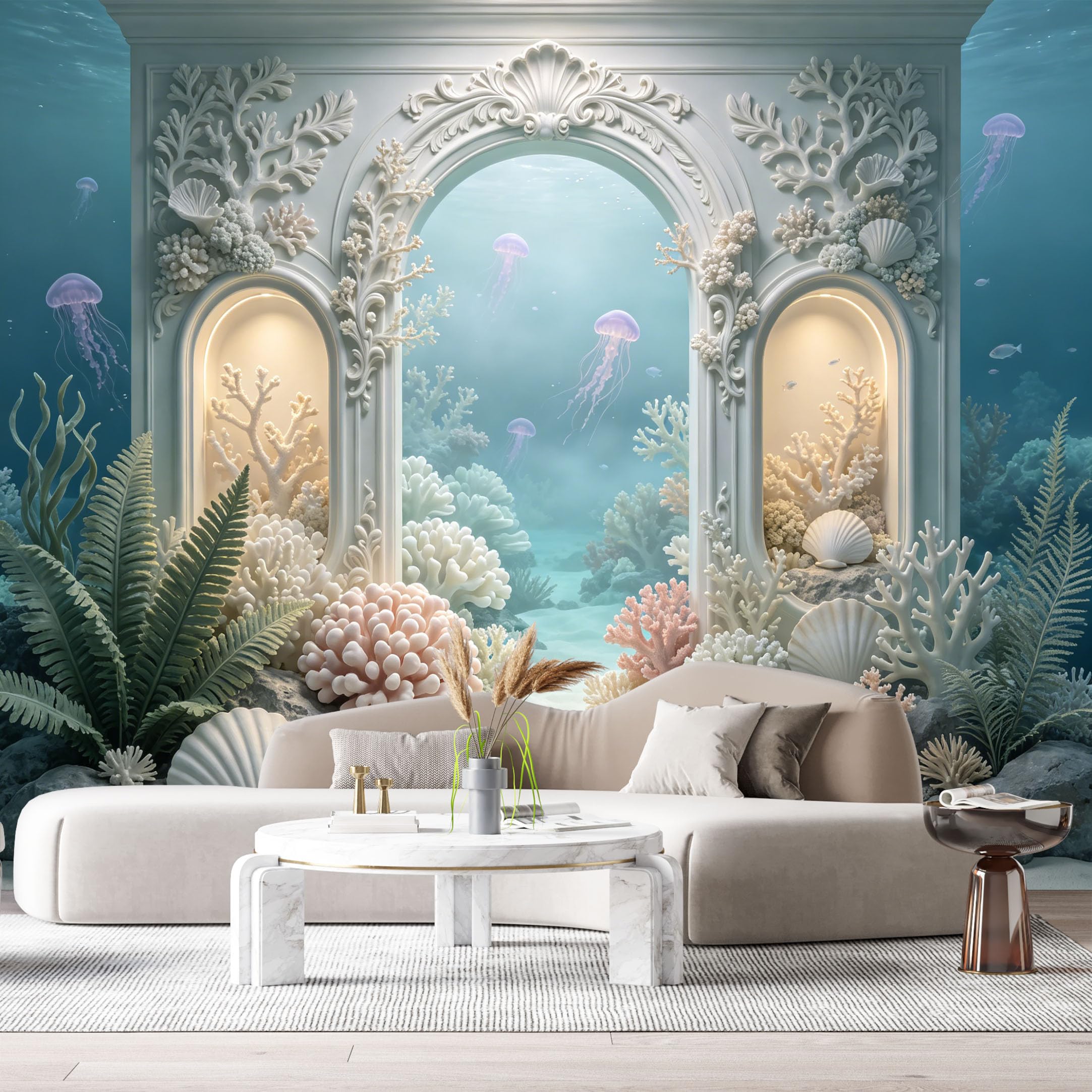 Custom Size Wall Murals Ocean Marine Jellyfish Coral Reef 3D Trompe L'Oeil SelfAdhesiveWall Fabric Removable Wallpaper Wall Decor for Living Room Bedroom Bathroom