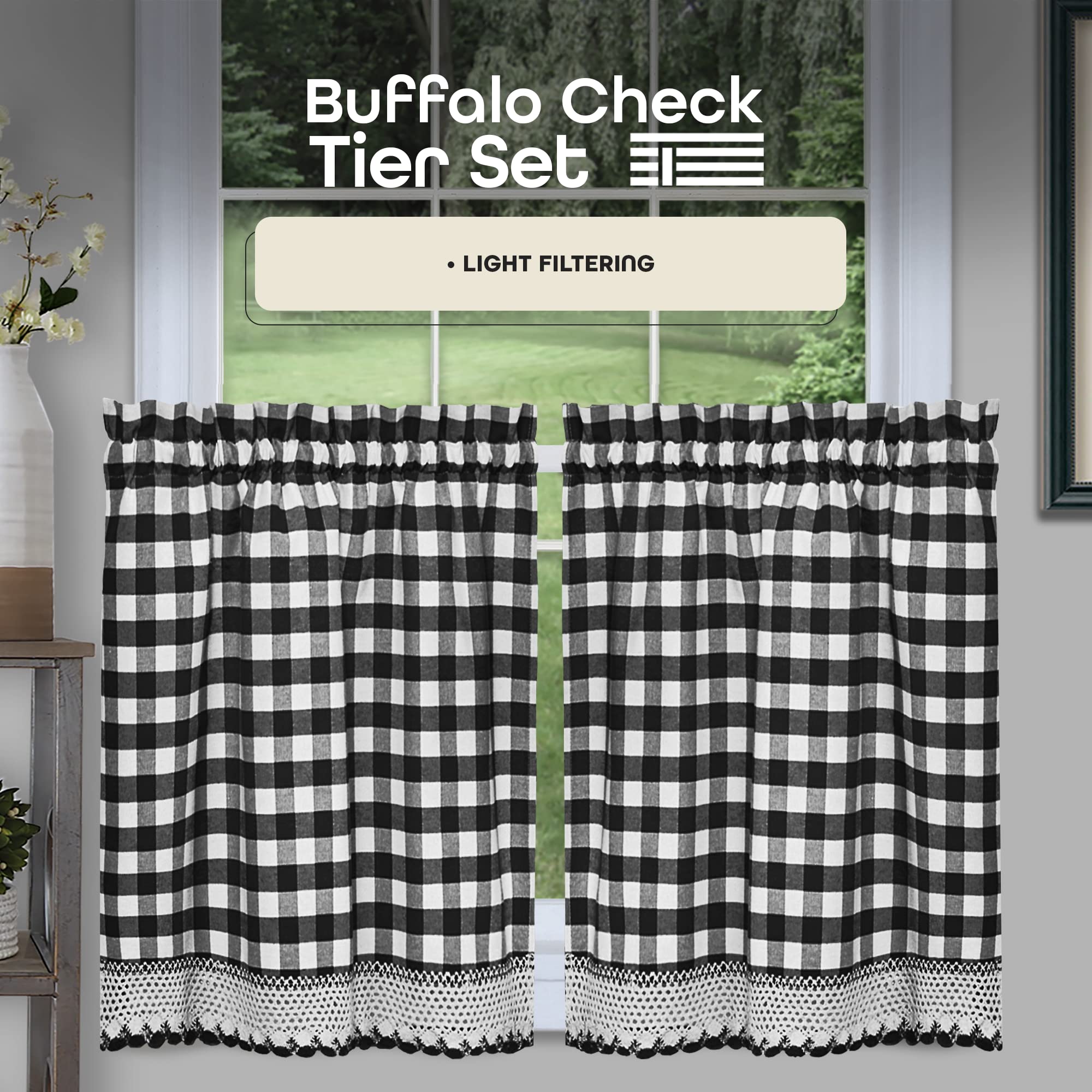 Buffalo Check Tier Pair Window Curtain Set - 58 Inch Width, 24 Inch Length - Black & White Plaid Drapes - Light Filtering Drapes for Kitchen, Bedroom, Living & Dining Room by Achim Home Decor