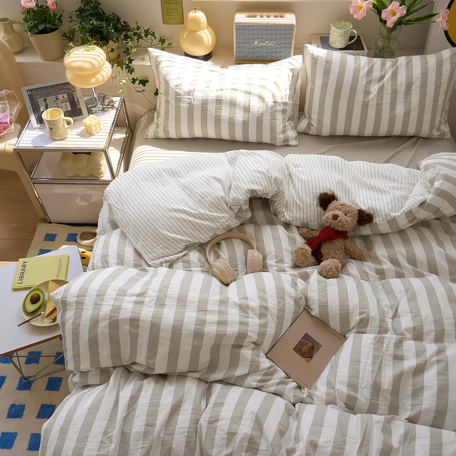 Striped Duvet Cover Set Twin Size Khaki White Striped Bedding Set