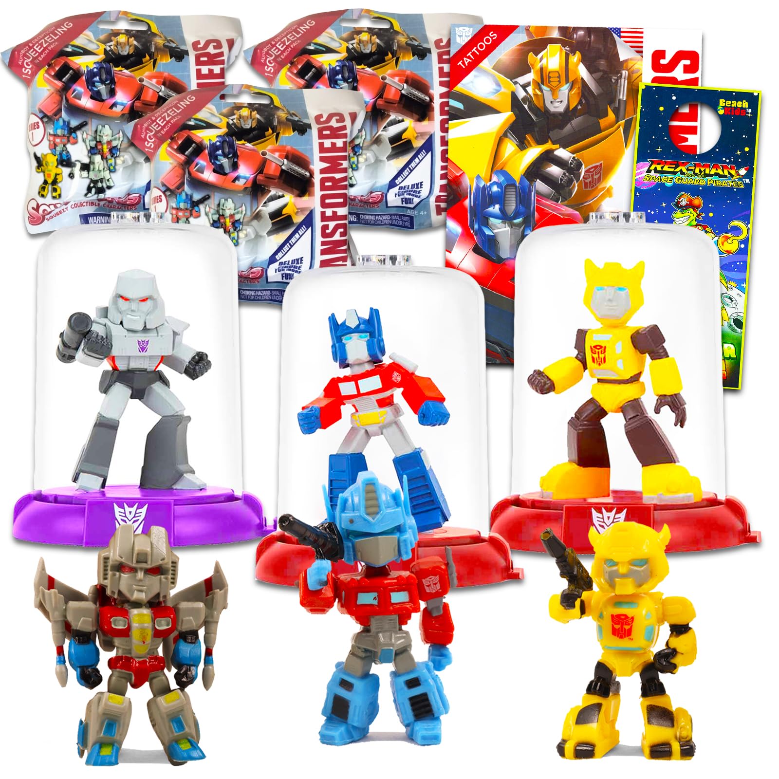 Transformers Party Favors Bundle Set ~ 8 Pack Transformers Domez Figures Plus Squeezeling Blind Bags, Temporary Tattoos | AutoBots and Decepticons Party Supplies