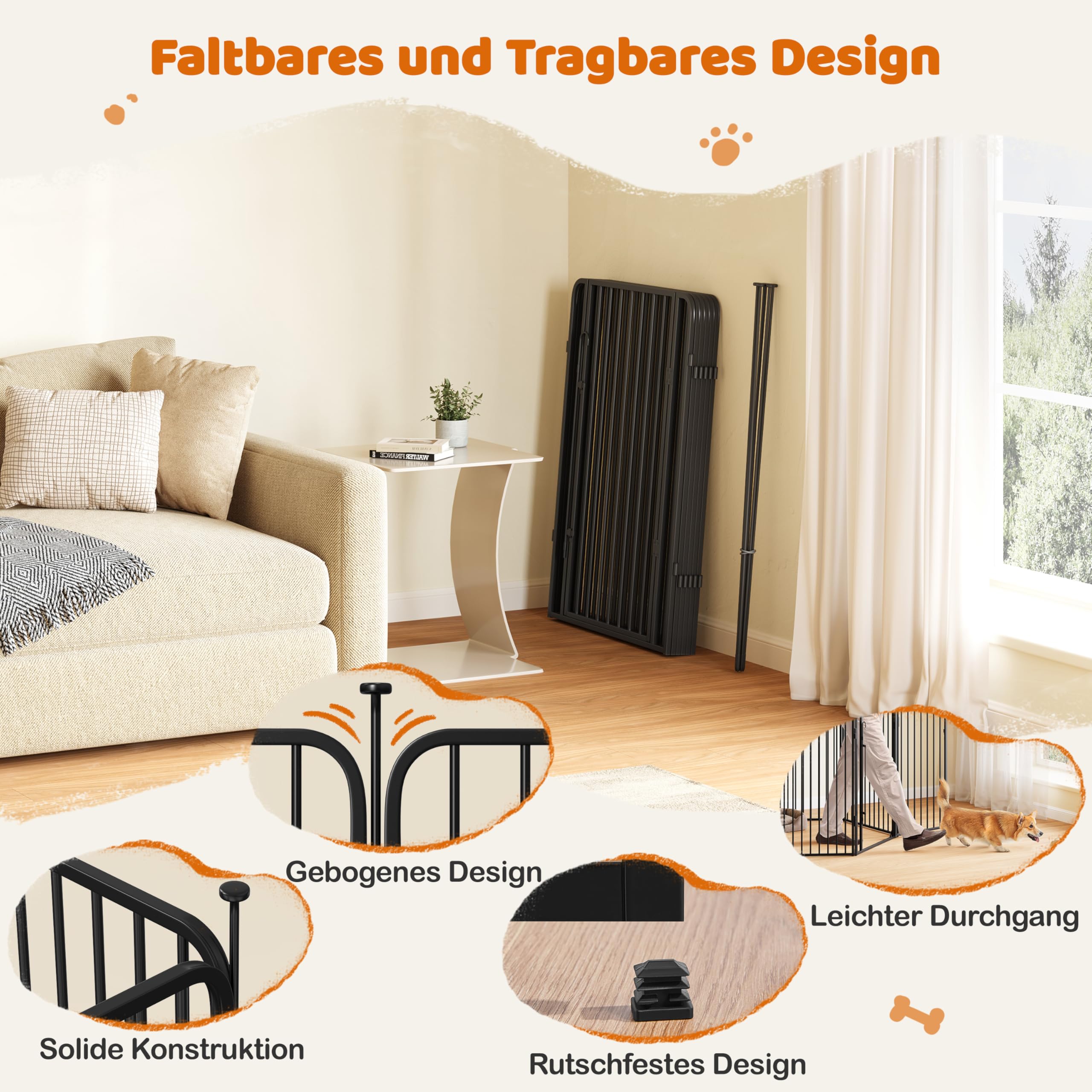 Yaheetech Welpenauslauf 6-teilig 100cm hoch, Welpenlaufstall mit integriertem Schloss, Geräuscharme Rohre, Bodenschoner, 8 mm Verstärkte Metalldrähte, Hundelaufstall für Wohnung & Garten