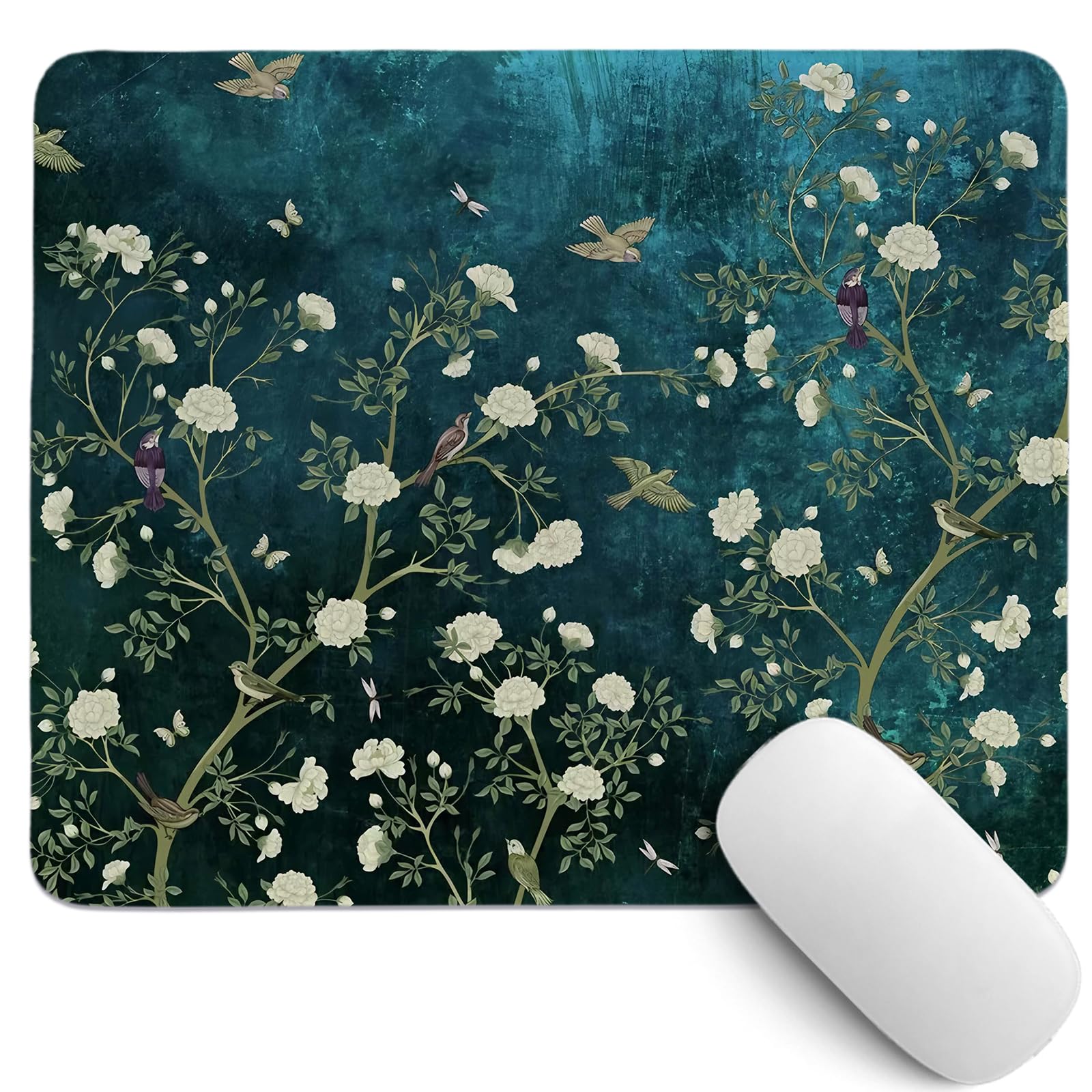 Dark Green Chinoiserie Mouse Pad,Cherry Blossom Bird Desk Mat,Vintage Spring Floral Mouse Pad,Blue Floral Mousepad for Dorm Home Office Decor,10.2x8.2 Inch