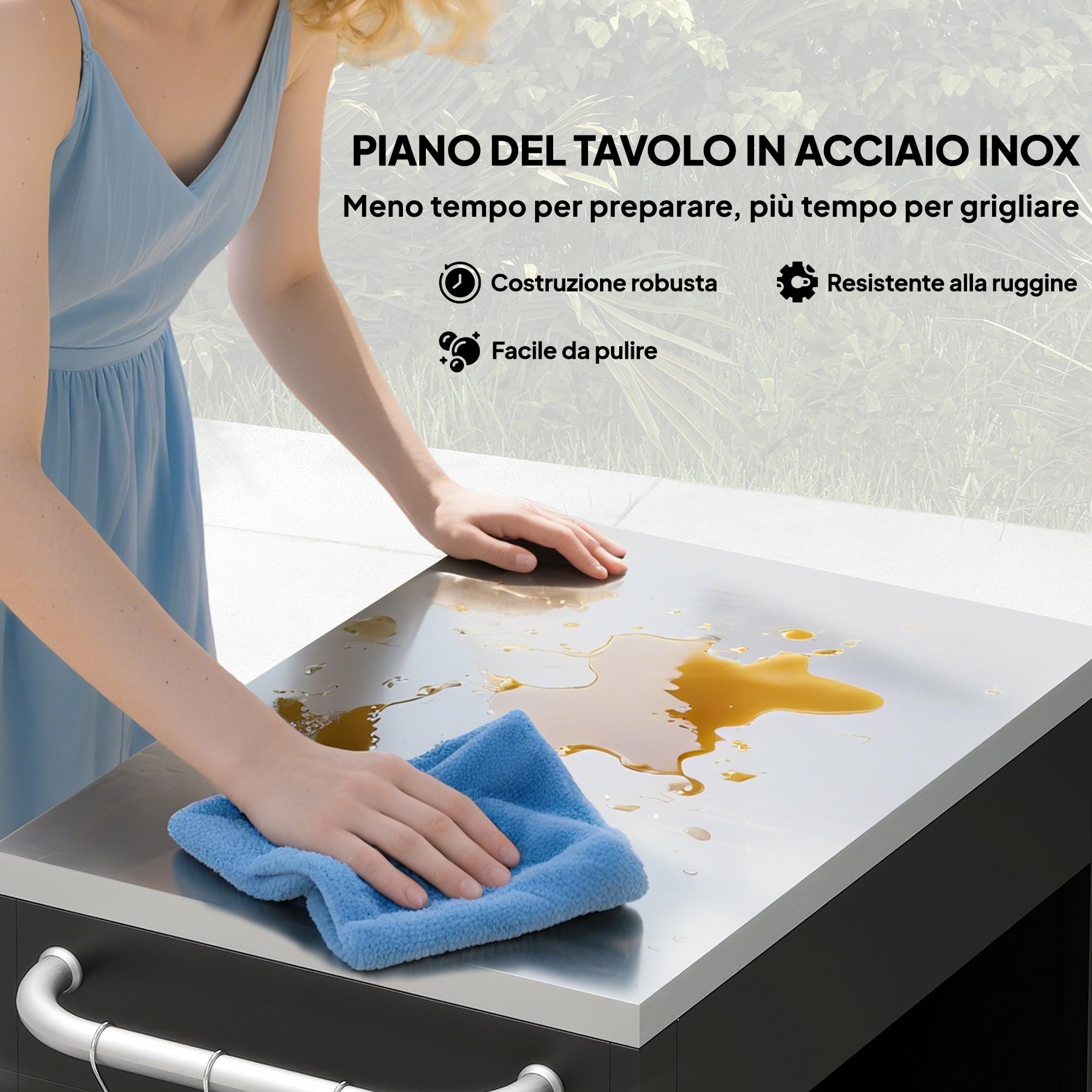 HOMCOM Carrello Barbecue con Piano in Acciaio Inox, Tavolo Cucina da Esterno con Ruote, Maniglia, 6 Ganci e Armadietto Contenitore, 86x50x86.5 cm, Nero