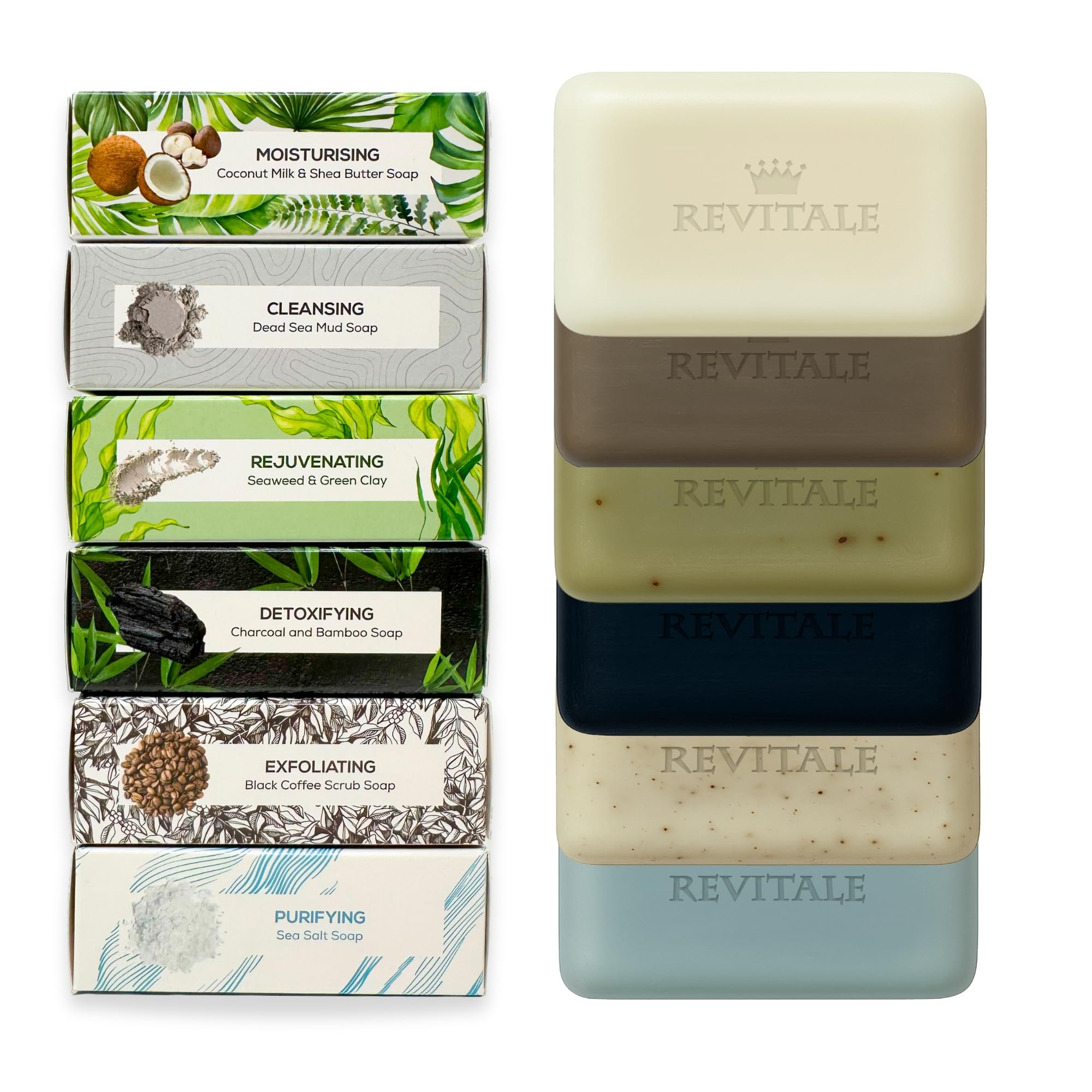 RevitaleNatural Cleansing Soap Bars Set – 6 x 100g – Daily Hand, Face & Body Wash, Shower Soap & Skincare Gift Set[Amazon-developed Certification] Compact by Design