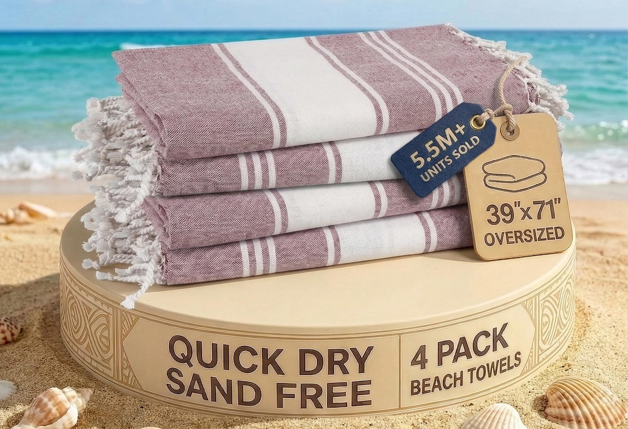 Lane Linen Wistful Mauve Oversized Turkish Beach Towels – 4 Pack, 39"X71" Cotton Rich & Quick Dry Pool Towels, Pre-Washed, Sand-Free & Lightweight Travel Towels For Adults,