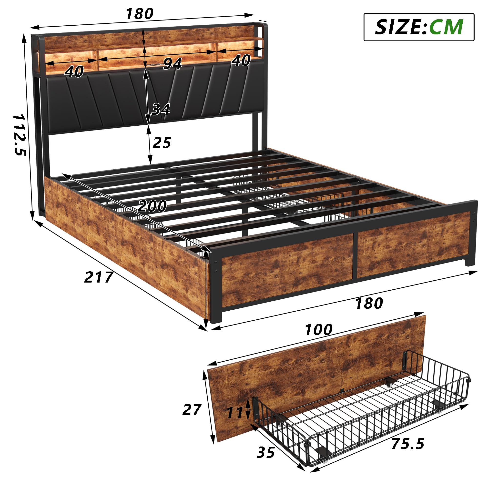 Cama tapizada de metal de 180 x 200 cm, marco de cama con cuatro cajones e iluminación LED, marco de cama doble de metal con somier, cama juvenil para dormitorio, habitación de invitados, sin colchón,