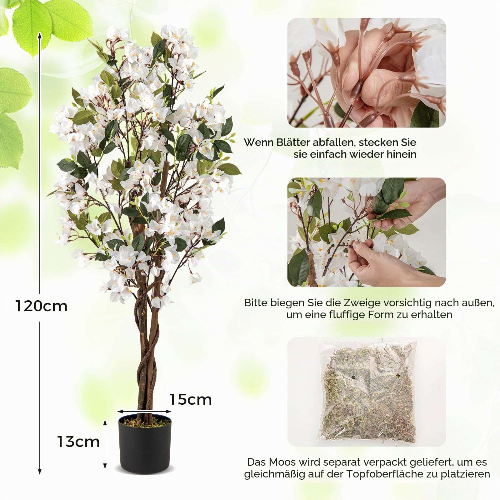 GIANTEX 120 cm Kunstbaum mit Blüten, Kunstpflanze Künstliche Pflanze Bougainvillea Baum, Zimmerpflanze Deko im Zementtopf, Dekopflanze Grünpflanze mit Stämmen, Kunstblume Innendekoration (Weiß,1)