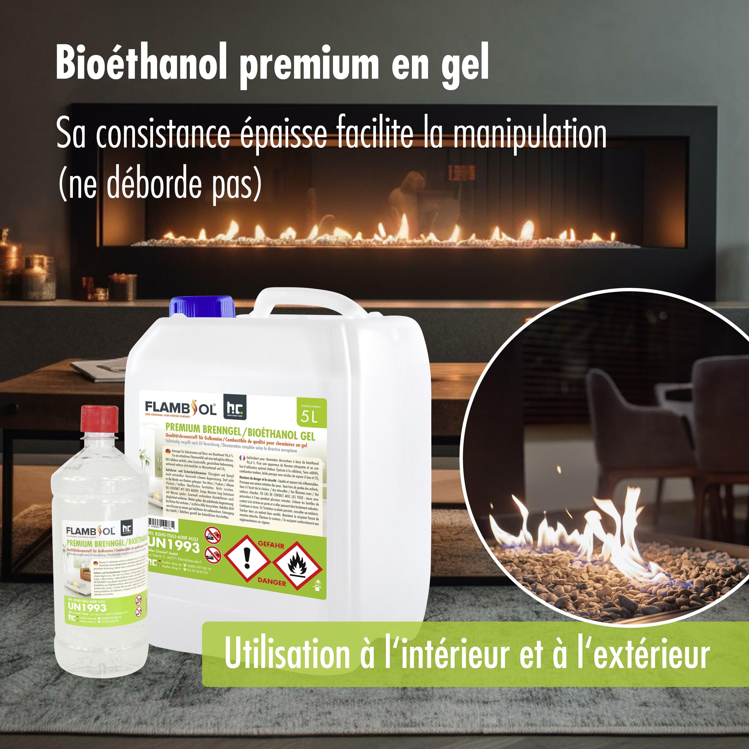 FLAMBIOL® Bioéthanol Premium en Gel (15 x 1 L) – Combustible Longue Durée, Idéal pour Cheminées d'Intérieur et d'Extérieur – Formule Améliorée et Écologique, Fabriqué en Allemagne