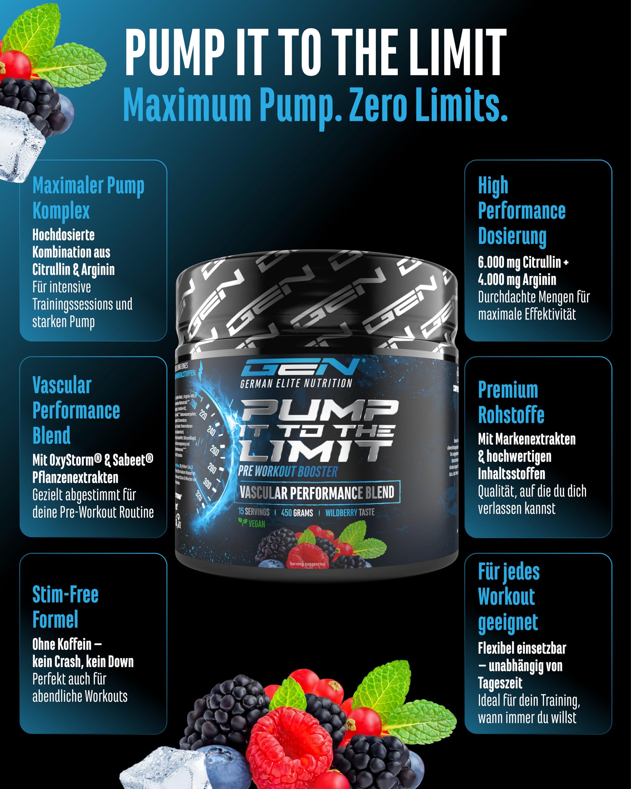 GEN GERMAN ELITE NUTRITION Pump it to the Limit - 450 g | Pump Booster ohne Koffein, mit Citrullin Malat, AAKG, OxyStorm®, Sabeet® & AstraGin®, vegan, Wildberry