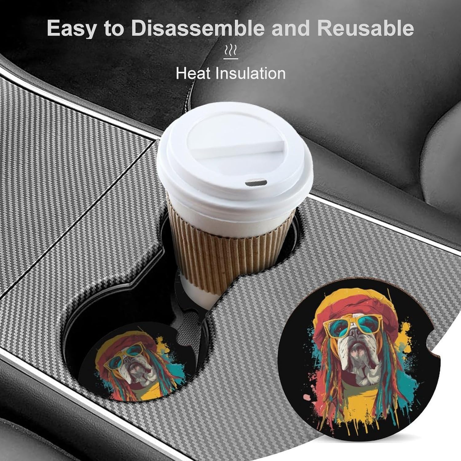 Bull Dog Rasta Cute Car Coasters 2.56 Inch Absorbent Cup Holder for Drinks Auto Interior Accessories