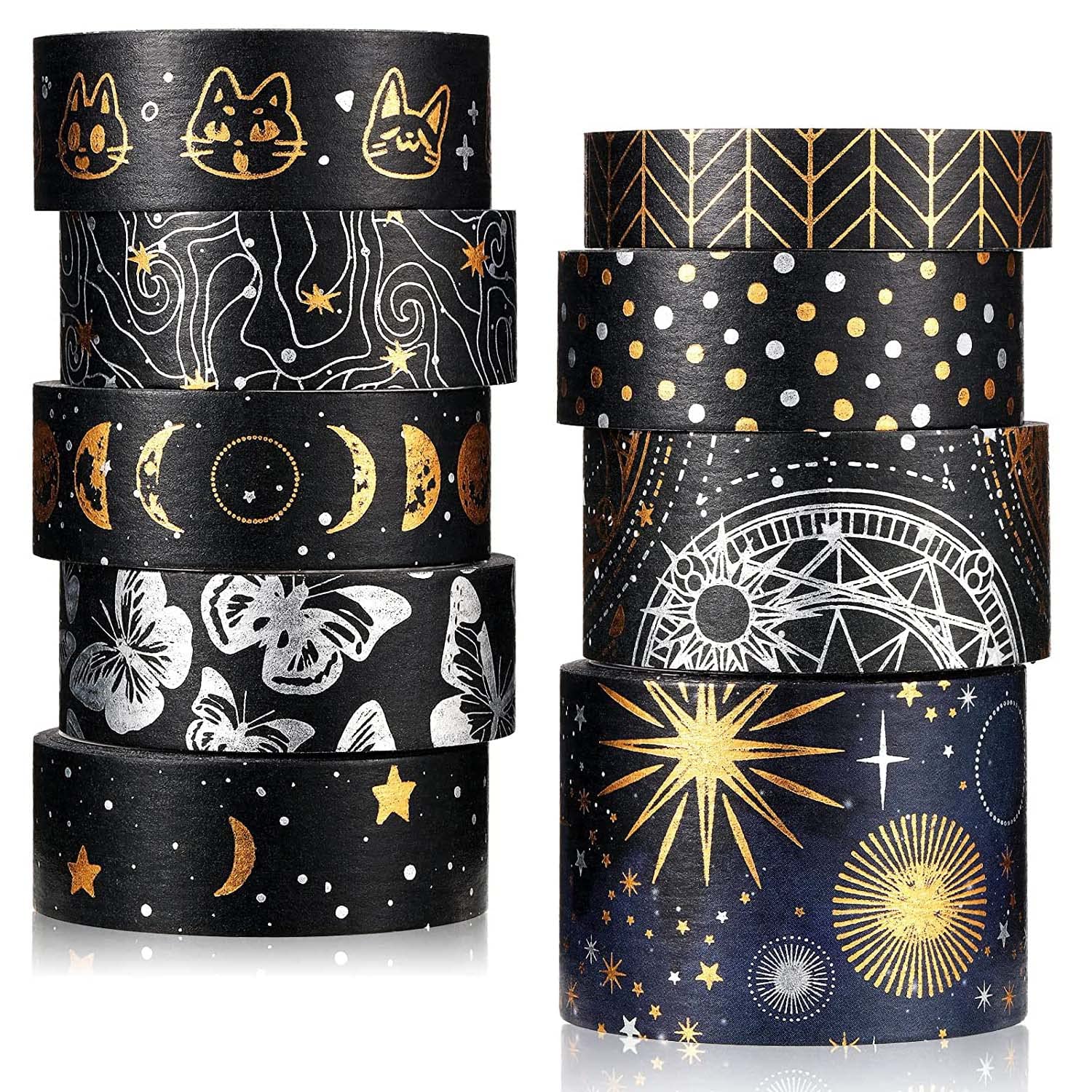 Excefore Foil Washi Tape, 9 Pcs Silver Gold Pattern Foil Masking Tape Silver Foil Masking Tape Decorative for Arts, DIY Crafts for Journal, Arts, Book, Scrapbook, DIY Crafts and Gift Wrapping