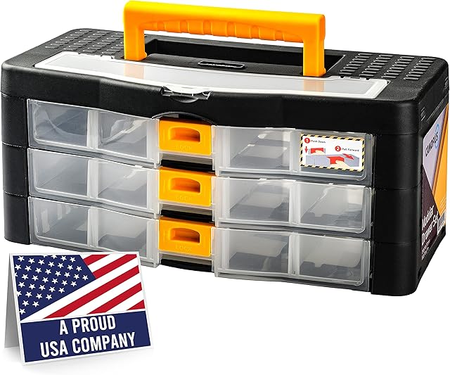 CANOPUS Screw Box Organiser With Drawer, Heavy Duty Plastic Tool Box with Handle, Portable Storage Organiser for Crafts, Screws, Bolts Small Parts, Fishing Tackle Box