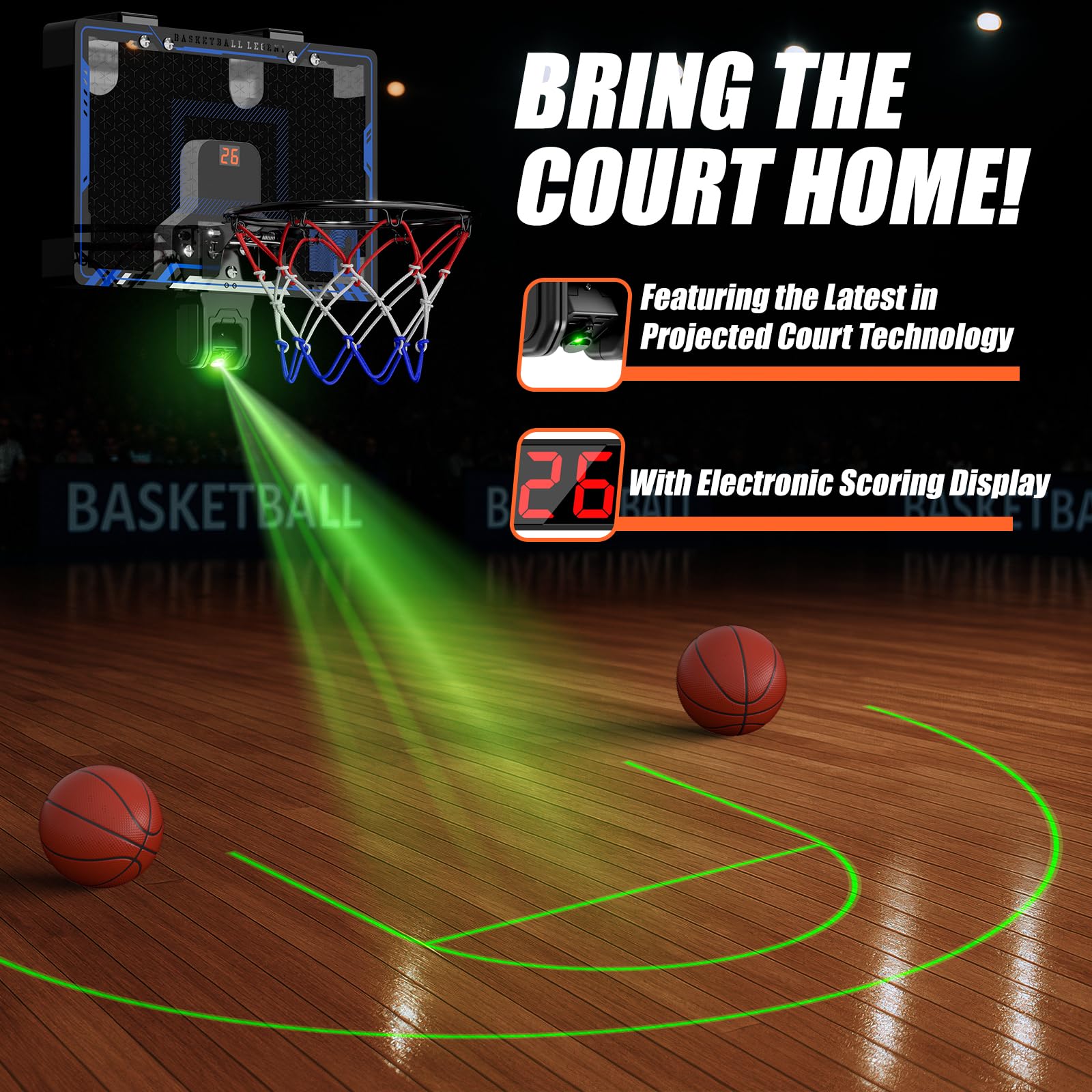 Hot Bee Basketballkorb Kinder Indoor mit Projektion Bewertung, Mini Basketballkorb fürs Zimmer, Basketball Geschenke 8 9 10 11 12 13 Jahre Junge