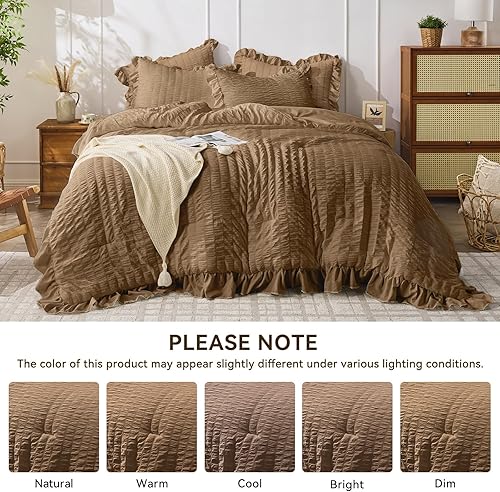 Miniatura 211 de JOLLYVOGUE - Juego de edredón tamaño queen, de 3 piezas, estilo seersucker, ligero y esponjoso para todas las estaciones, con 1 edredón con volantes