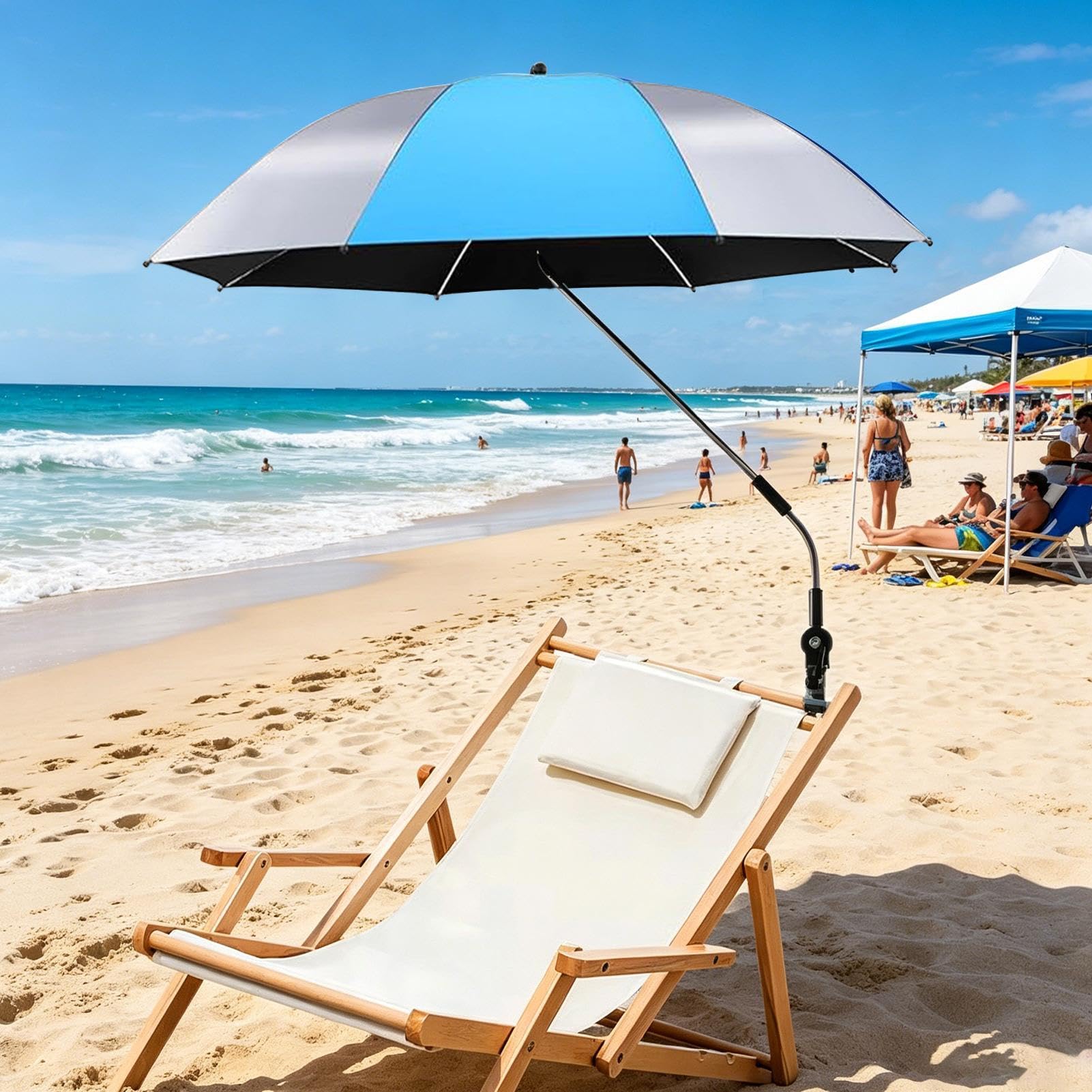 Ombrello per sedia da spiaggia, regolabile, con clip, parasole con morsetto, per spiaggia, pesca, vacanze, giardino, cortile, campeggio, balcone, patio esterno