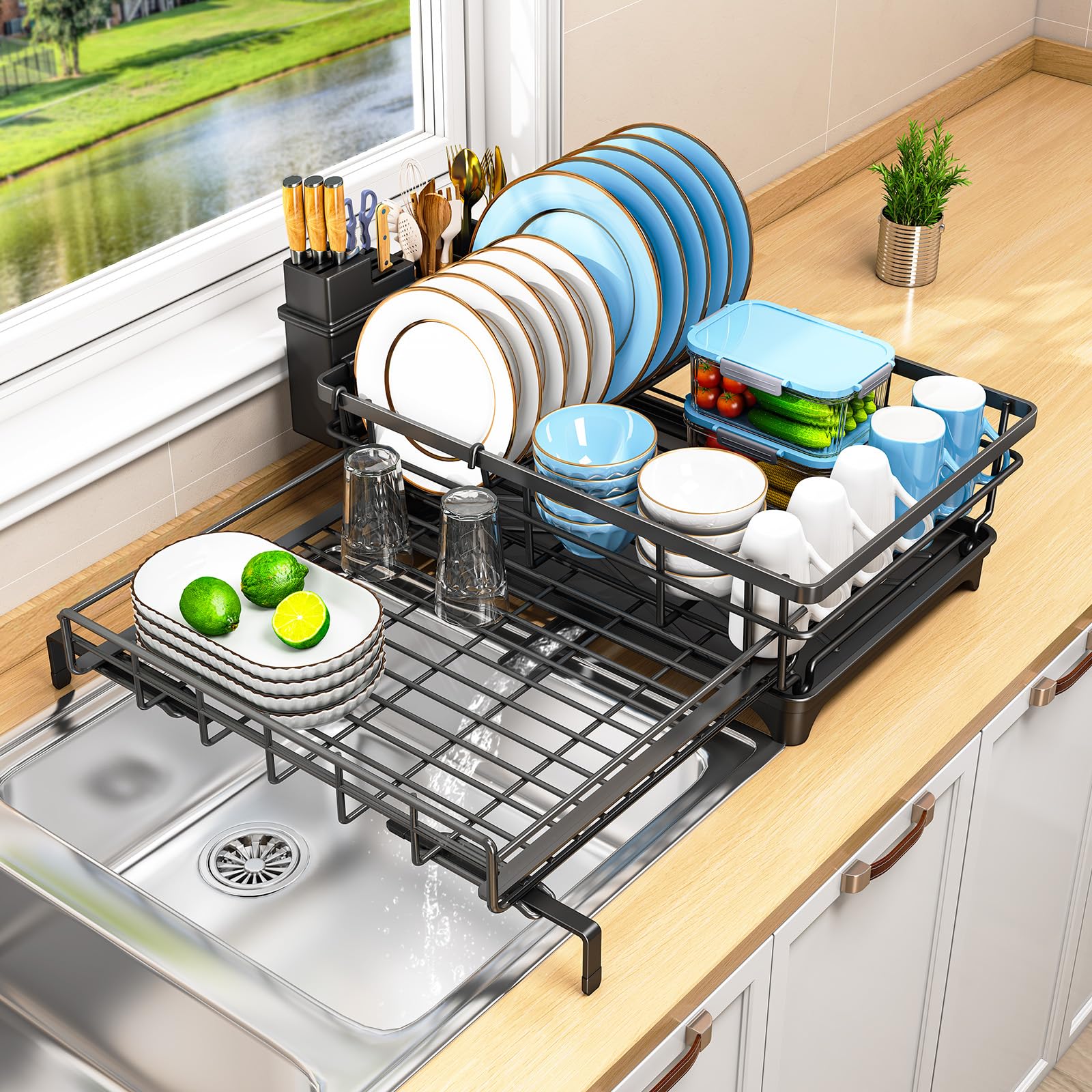 OrderlyGo Abtropfgestell Geschirr, Erweiterbares Faltbares Abtropfgestell mit Besteckhalter, Platzsparendes Automatische Abwässerung Geschirrabtropfgestell für Küche, Schwarz