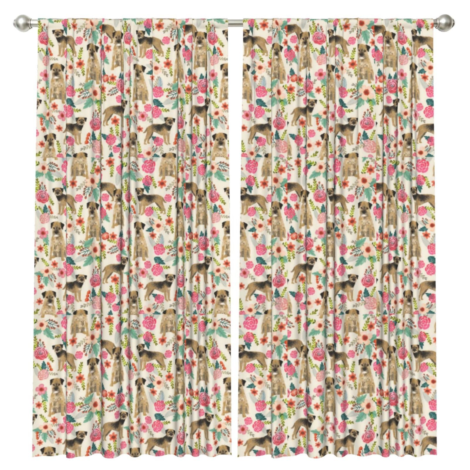 InOmak Border Terrier Florals Cream, 2 Panels Window Curtains 52 x 84 Inch Blackout Curtains for Living Room Bedroom
