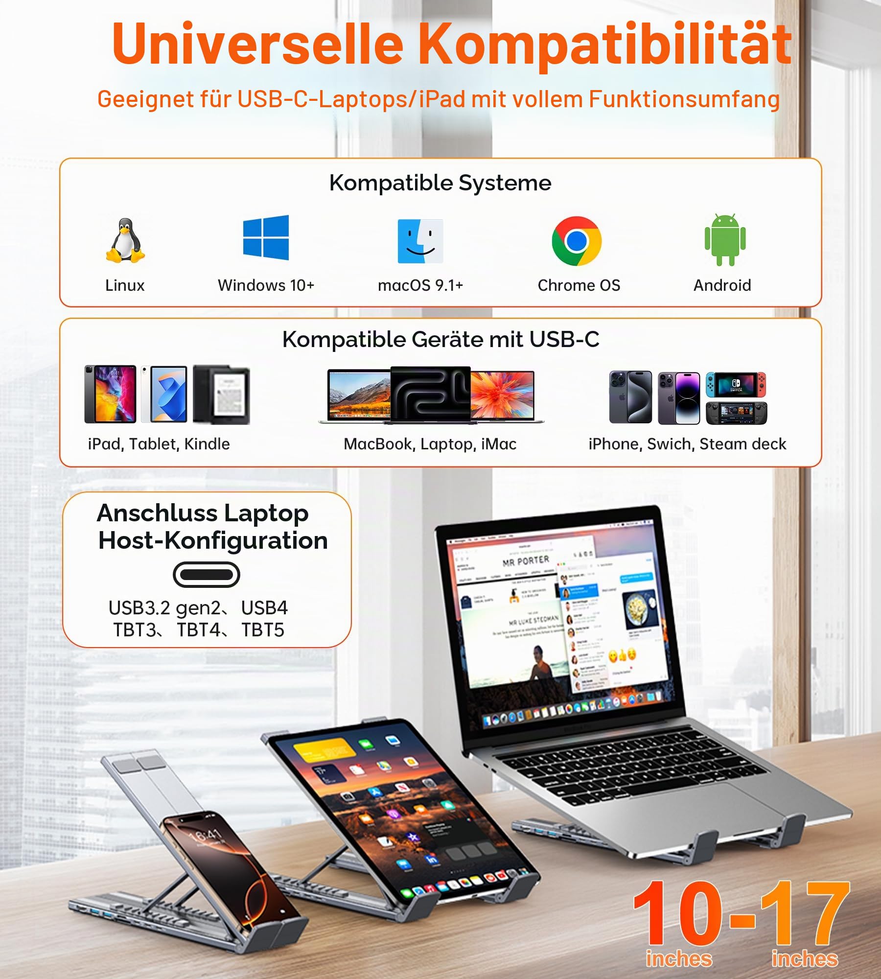 USB C Laptop Dockingstation Ständer,Dock Tablet Ständer, 8 in 1 Hub mit 4K HDMI, 2 USB 3.1, PD 100W, Universal Dockingstation für Mac Pro/Air/Dell/HP/Surface/Lenovo, Plug and Play
