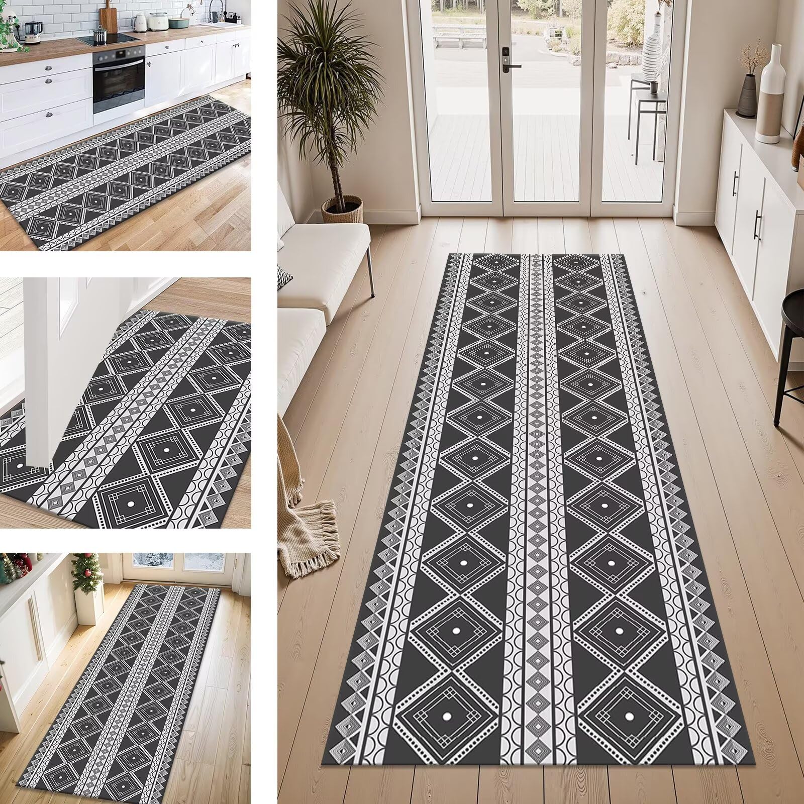 Tapis de passage noir et gris 120x250cm en polyester pour couloir et salon