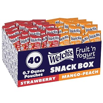 Welchs Fruit Snacks, Fruit n Yogurt Variety Pack, Strawberry, Mango Peach, Gluten Free, Bulk Pack, Single Serve, 0.7 oz Bags Pack of 40