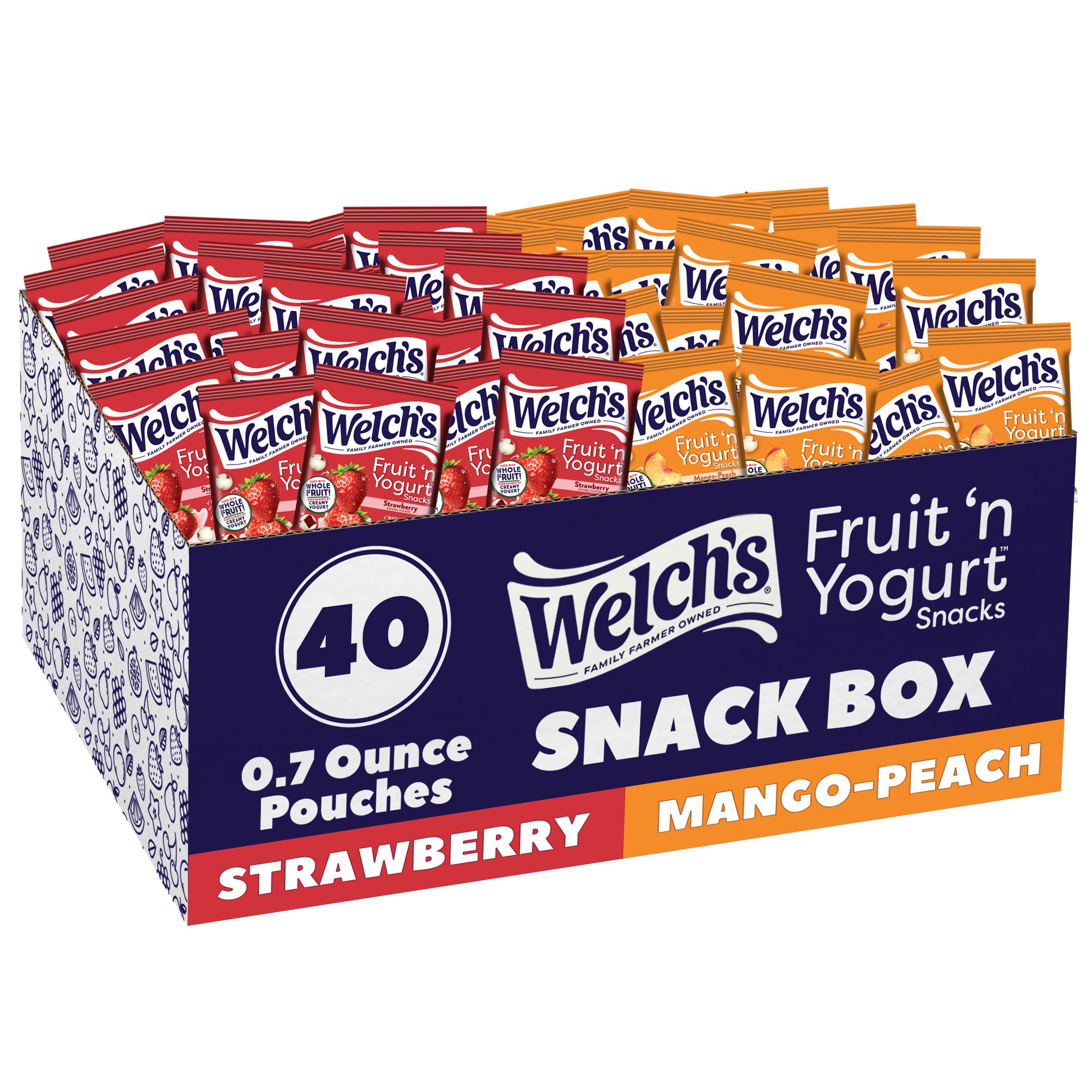 Welch'sFruit Snacks, Fruit 'n Yogurt Variety Pack, Strawberry, Mango Peach, Gluten Free, Bulk Pack, Single Serve, 0.7 oz Bags (Pack of 40)