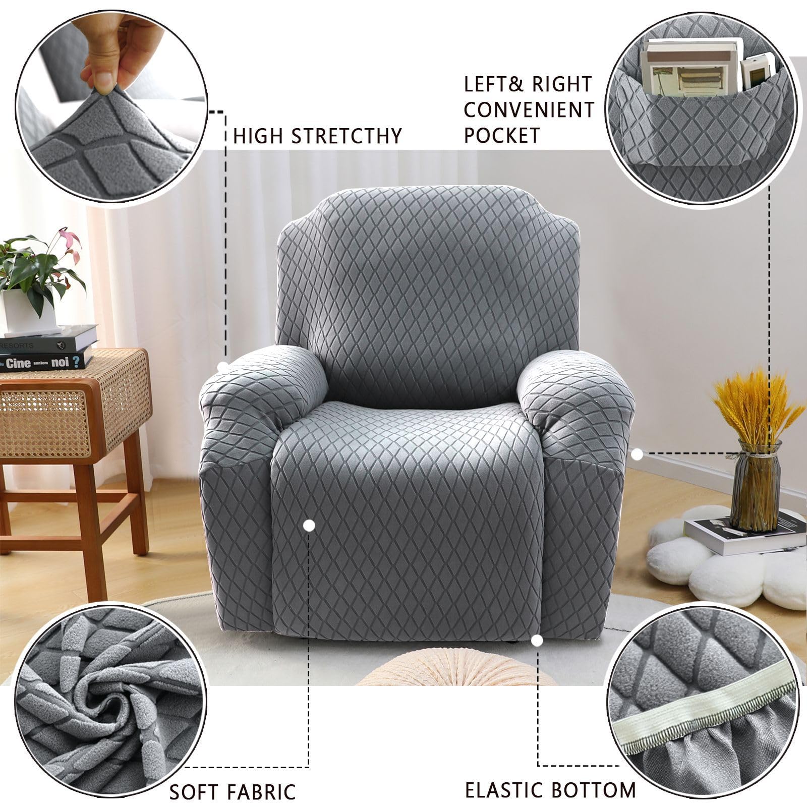 FBKPHSS Copripoltrona Fodera per Poltrona, Coprisedile Poltrona Reclinabile per Chivas con Tasche Lavabile Tessuto Elasticizzato Jacquard Lavabile in Lavatrice,Sand,Single Seat
