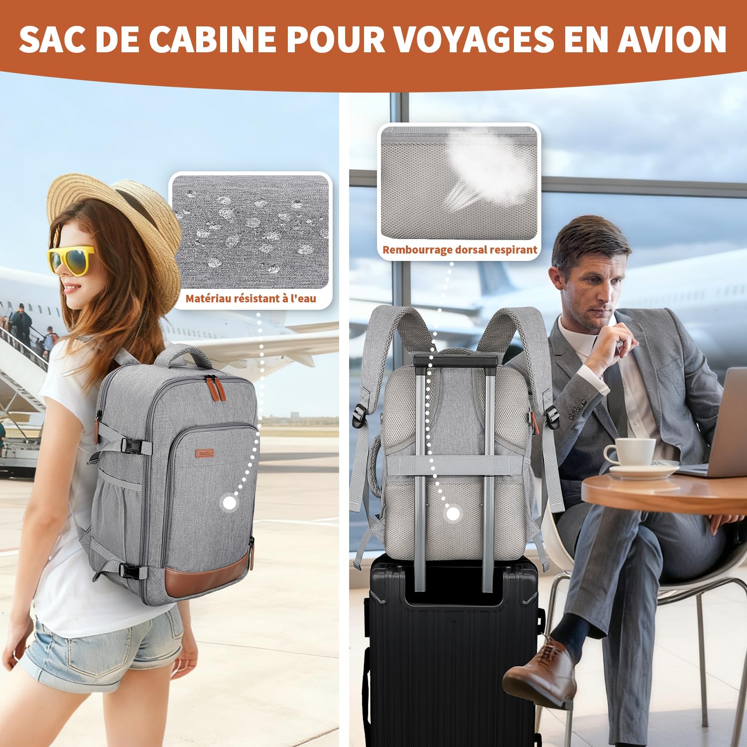 ZOMFELT Sac a Dos 40x30x20, 24L Sac a Dos Voyage Cabine Avion Hommes Femmes, sac cabine avion 40x30x20 pour Ryanair Wizzair Eurowings, Sac à Dos Adapté aux Ordinateurs Portables de 15,6 Pouces, Gris