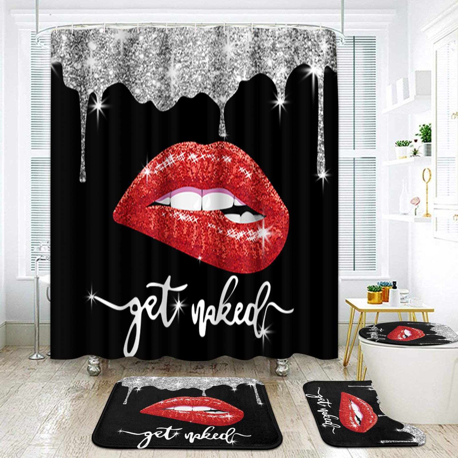 Arttown Juego de baño Negro con Cortina de Ducha, alfombras y Accesorios, Juego de Cortinas de Ducha con diseño de Diamantes Get Naked, Cortinas de Ducha para baño, decoración de baño Negro y Rojo, 4
