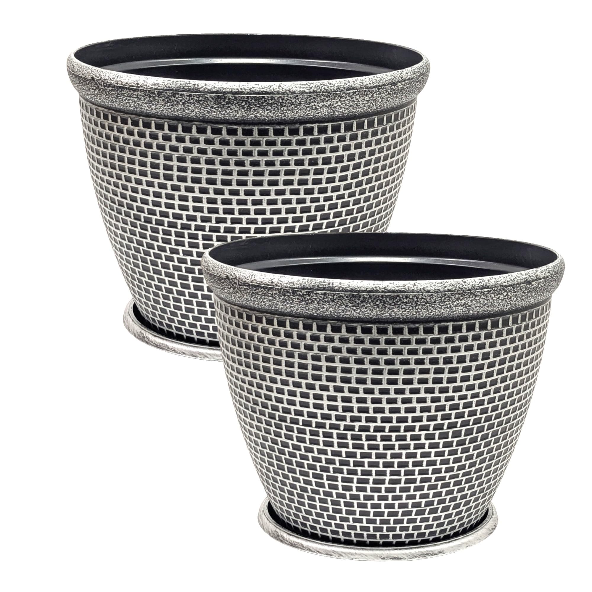 Fyne-Finds Set of 2 Large Plastic Round Silver Cromarty Plant Pot with Saucers Flower Pot Planter Garden Decoration Antique 30cm, 12inch Outside Planters 10L Outdoor With Drainage Holes